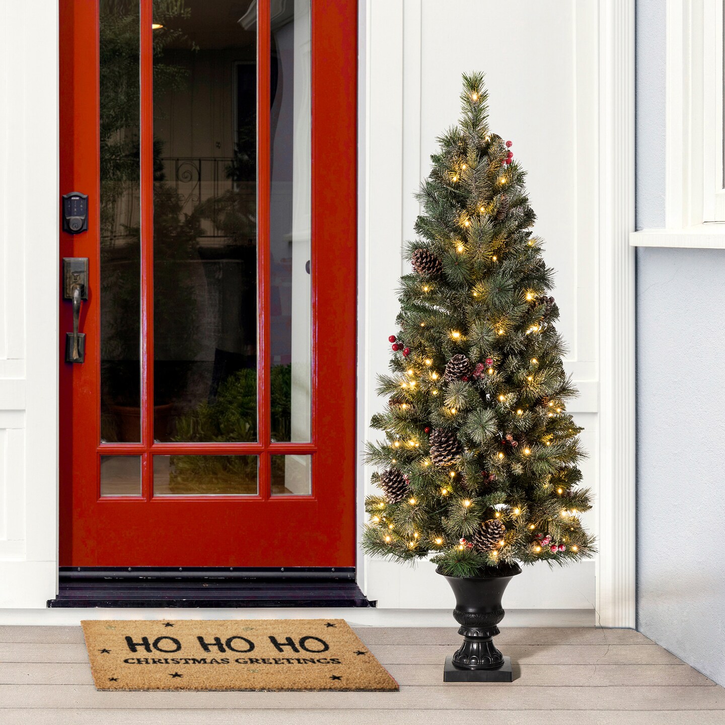 Set of 2/3 4ft/5ft/6ft Flocked Pinecone Christmas Potted Porch Tree With Warm White Lights