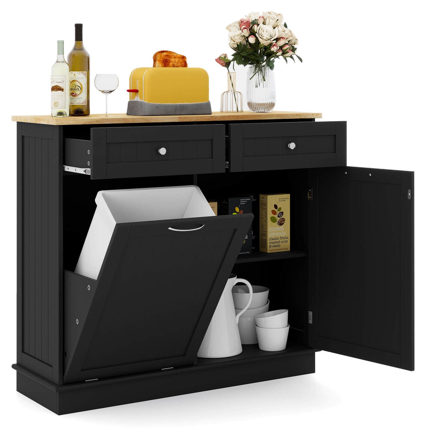 Costway Wooden Kitchen Trash Cabinet Tilt Out Bin Holder w/ Drawer & Storage Shelf Black/White/Coffee/Gray