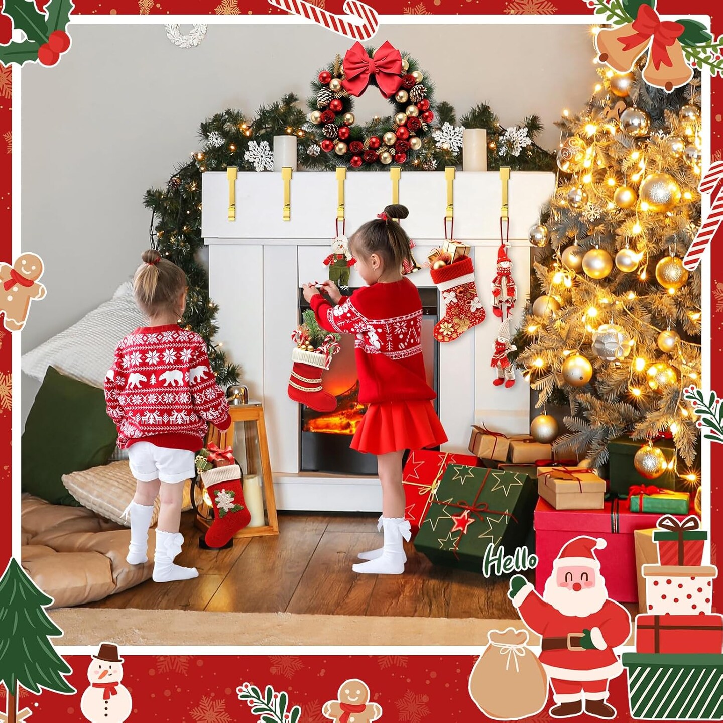 6 Pack Gold Christmas Stockings Holder, Non-Slip Christmas Fireplace Hanger Hooks,Stocking Holders for Mantle for Christmas Decorations (Gold)