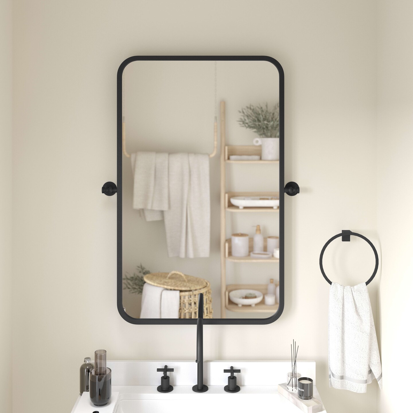 Emma and Oliver Mason Pivot Wall Mirror with Slim Frame and Silver Backed Glass for Clarity for Bathrooms