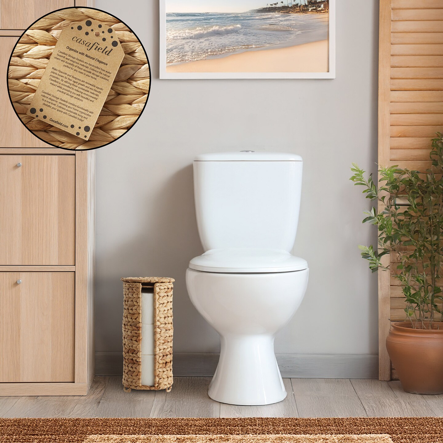 Casafield Free Standing Toilet Paper Storage Roll Holder with Lid, Fits 3 Rolls, Water Hyacinth Bath Tissue Organizer for Bathroom
