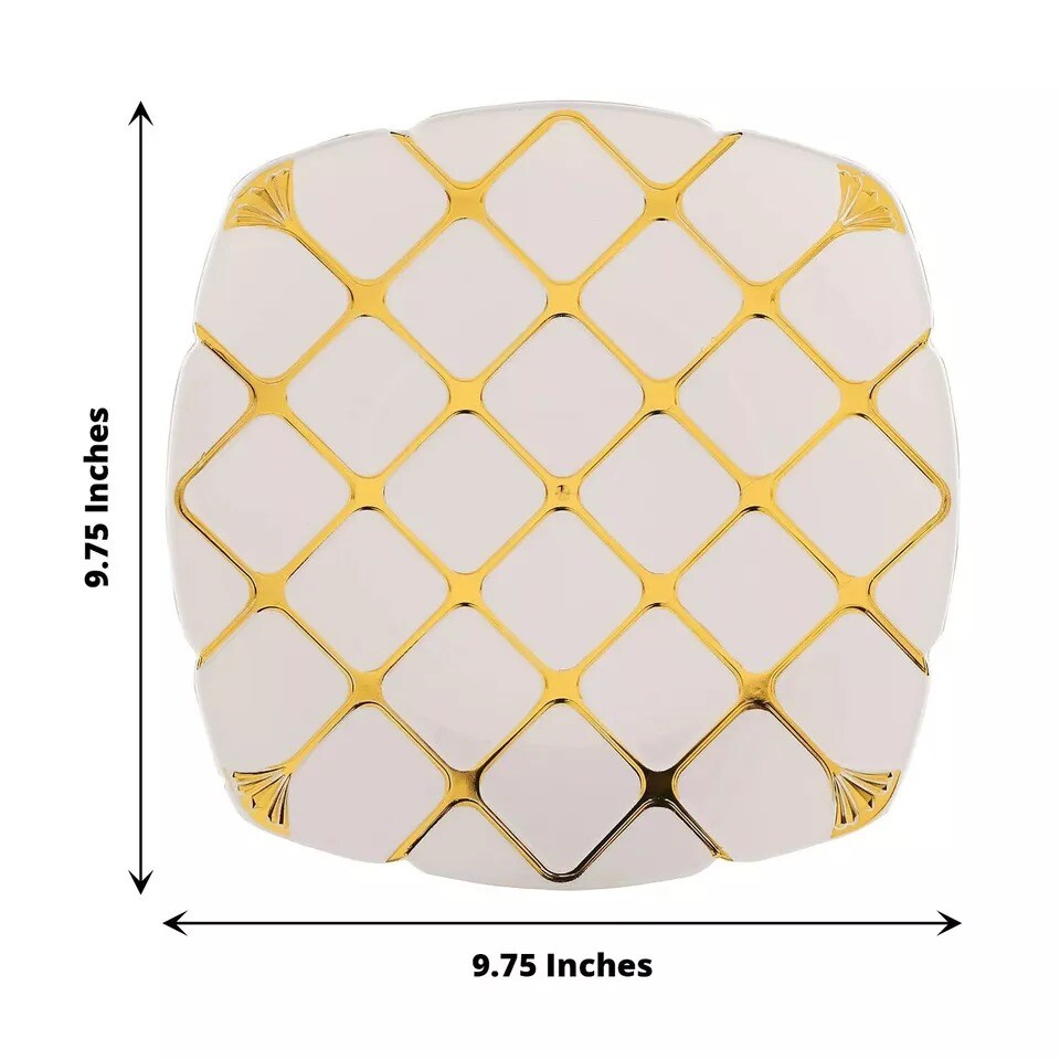 10 White 10&#x22; Square Plates Gold Geometric Design Party Event Tableware Supplies