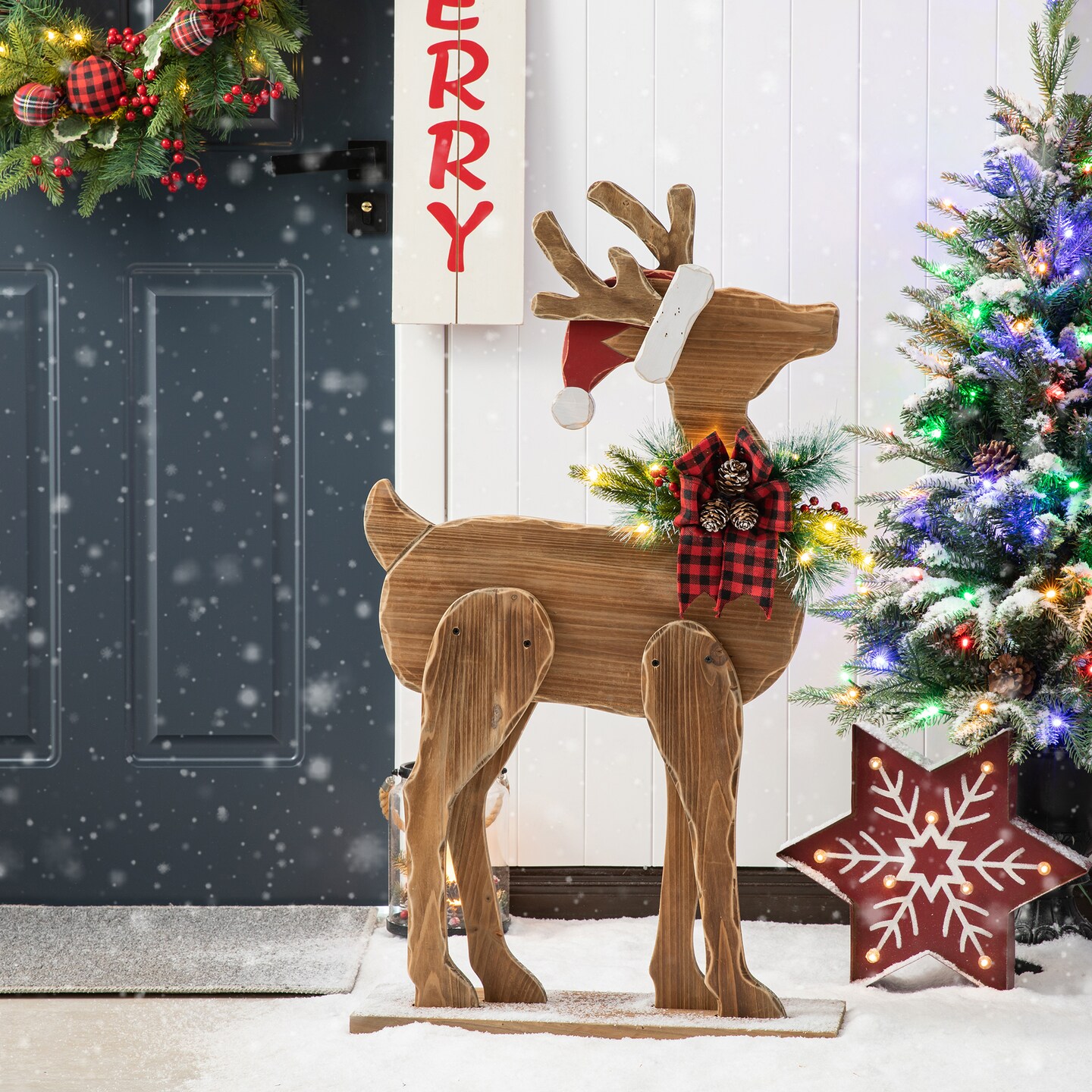 36&#x22;H Chunky Wood Reindeer Porch Decor with Timer (KD)
