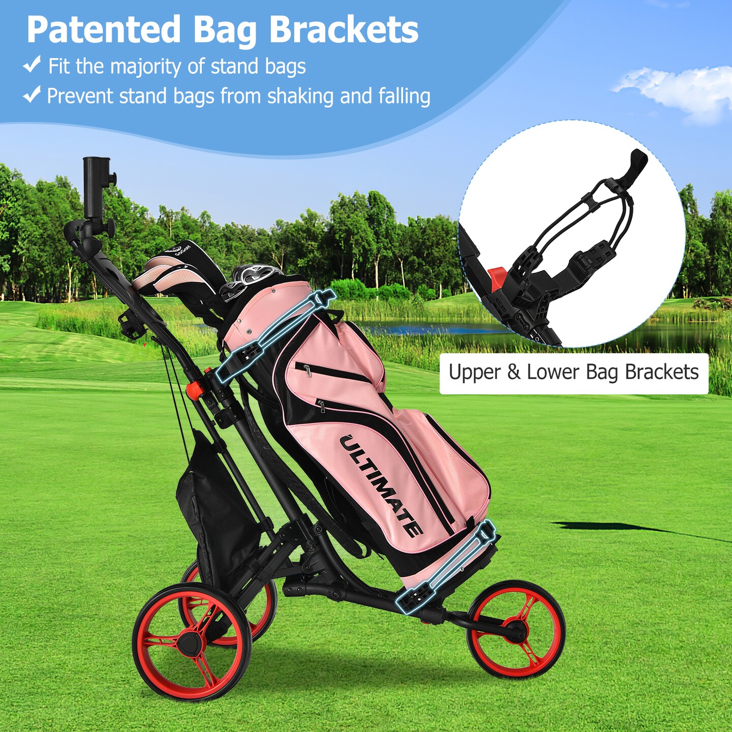 Folding 3 Wheels Golf Push Cart with Bag Scoreboard Adjustable Handle