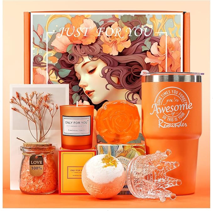 Basket Set Birthday, Mothers Day, Valentines Day Christmas Gifts for Mom, Sister, Her, Girlfriend, Wife Bright Orange Gift Box
