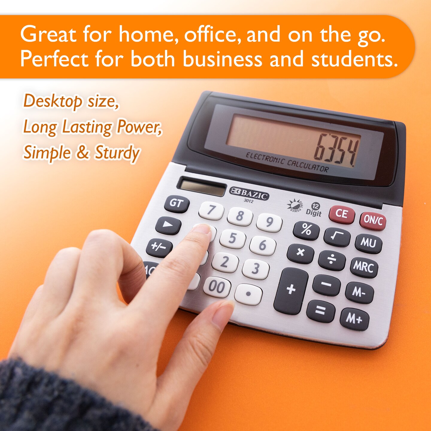 BAZIC Desktop Calculator 12-Digit Dual Power w/ Adjustable Display