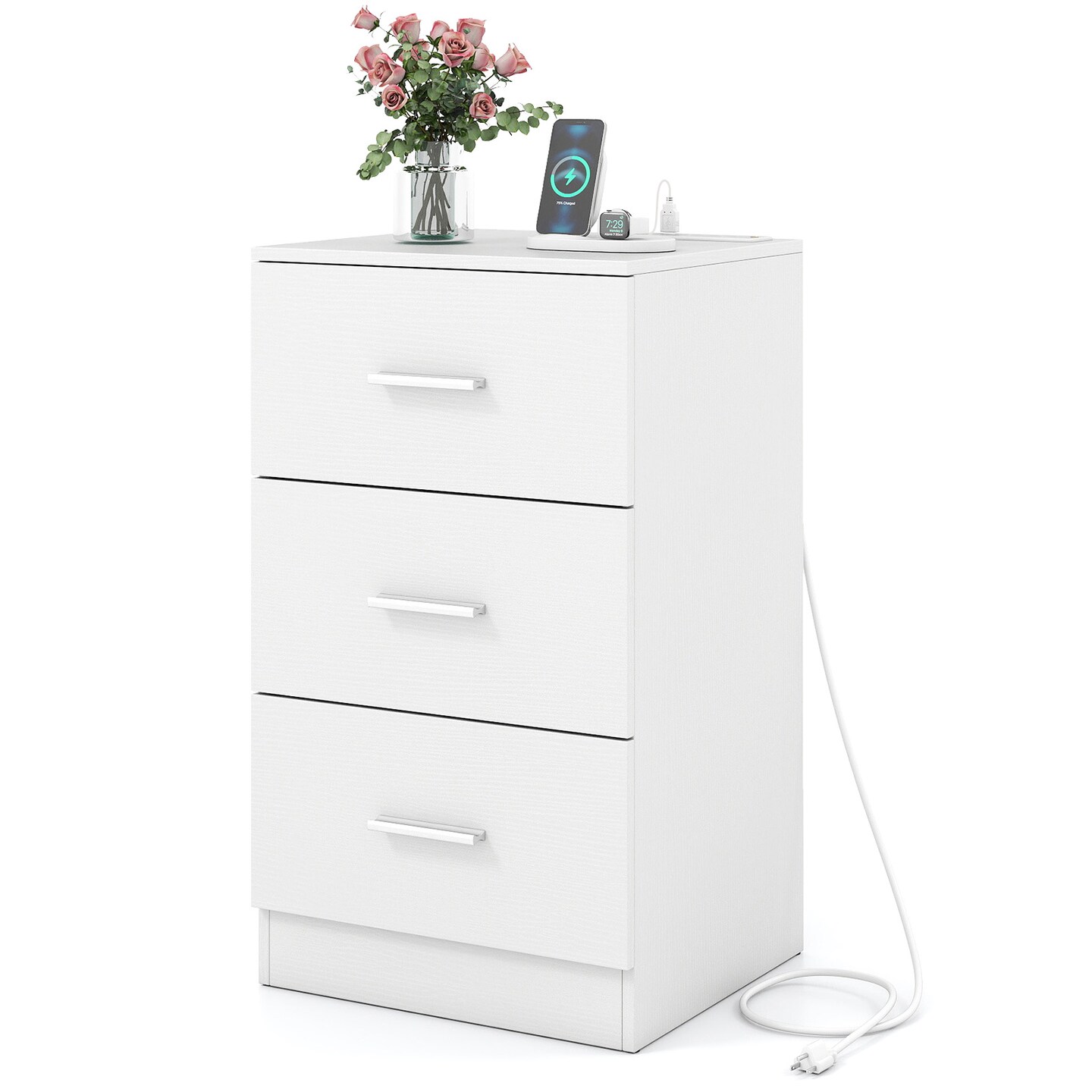 Bedside Table with Charging Station 3 Drawer Storage USB Type C Ports