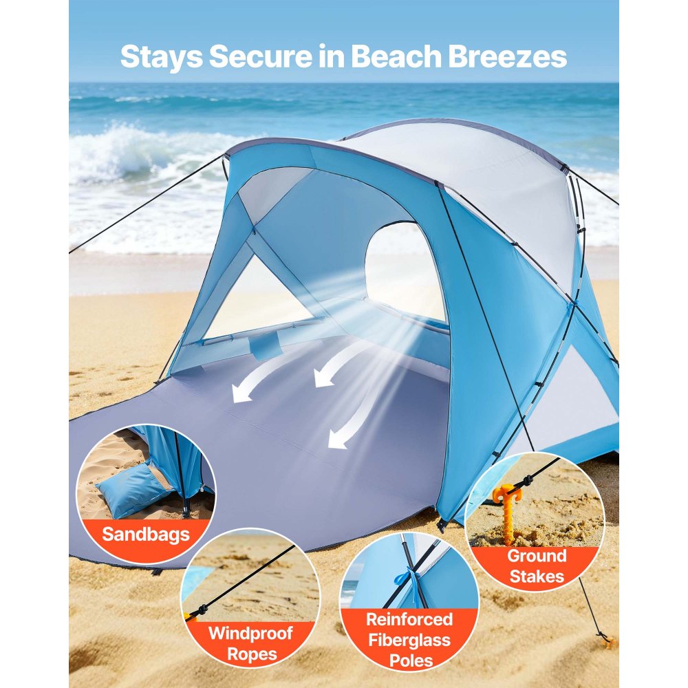 Blue Lightweight 6-Person Beach Tent with UPF 50+, Sand Pockets, Easy Setup