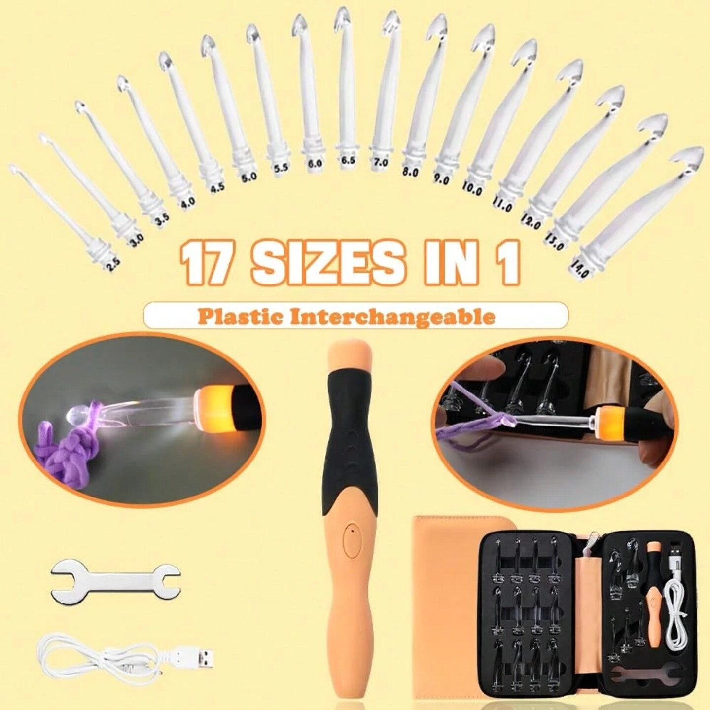 17‑Piece Rechargeable Light‑Up Crochet Hook Set (2.5 mm–14.0 mm) with Carry Case – Illuminated Hooks for Easy Crafting