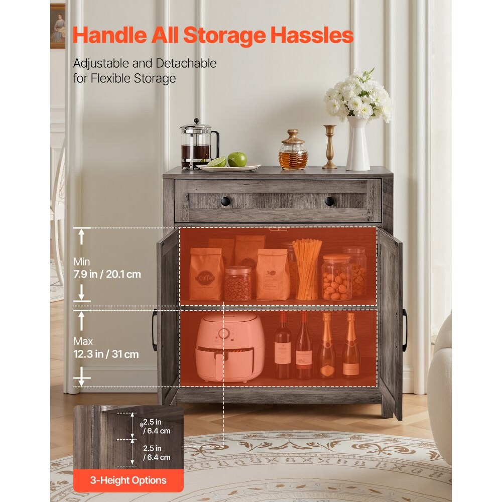 Grey Farmhouse Coffee Bar Cabinet with Drawer and 2 Barn Doors Sideboard