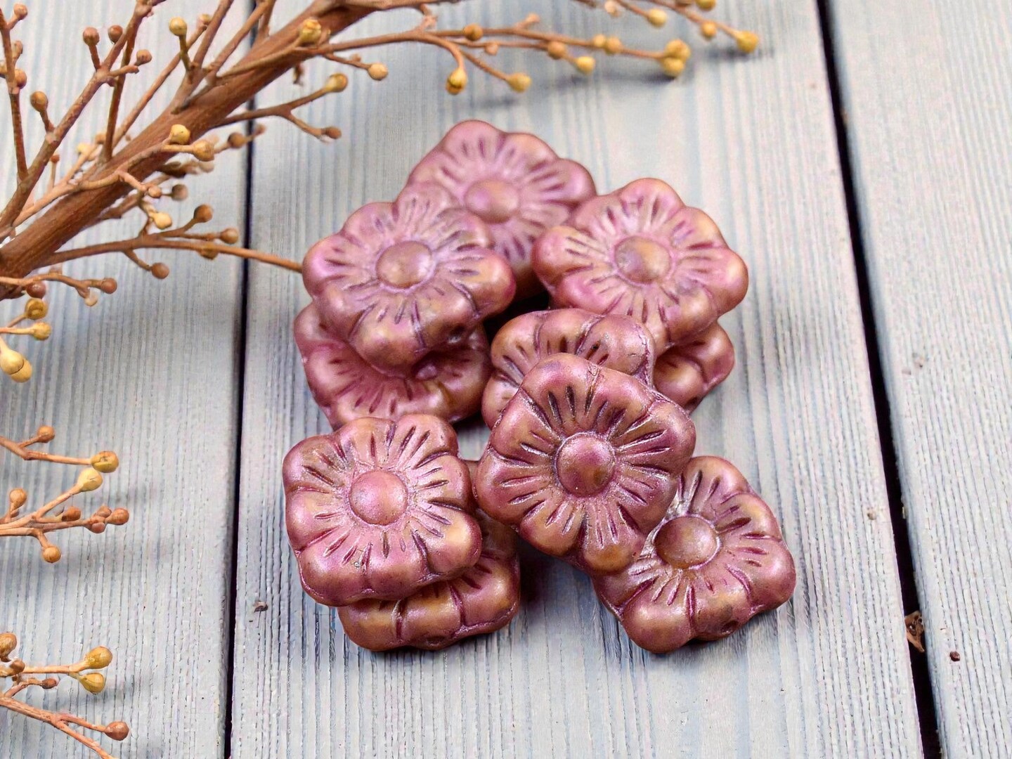 *10* 11mm Matte Pink Luster Washed Opaque Beige Square Flower Beads