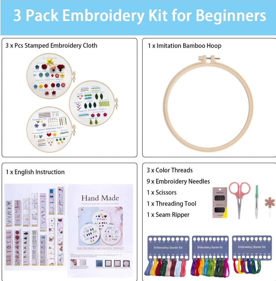 3-Pack Beginner Embroidery Kit – Learn 33 Stitch Techniques with Floral Patterns, Hoops, Threads & Tools