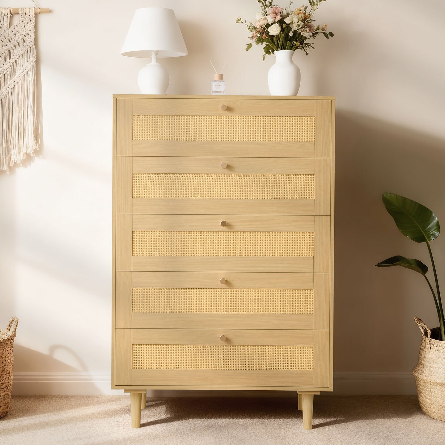 Natural Wood Rattan Dresser 5-Drawer Storage Cabinet Vintage Style