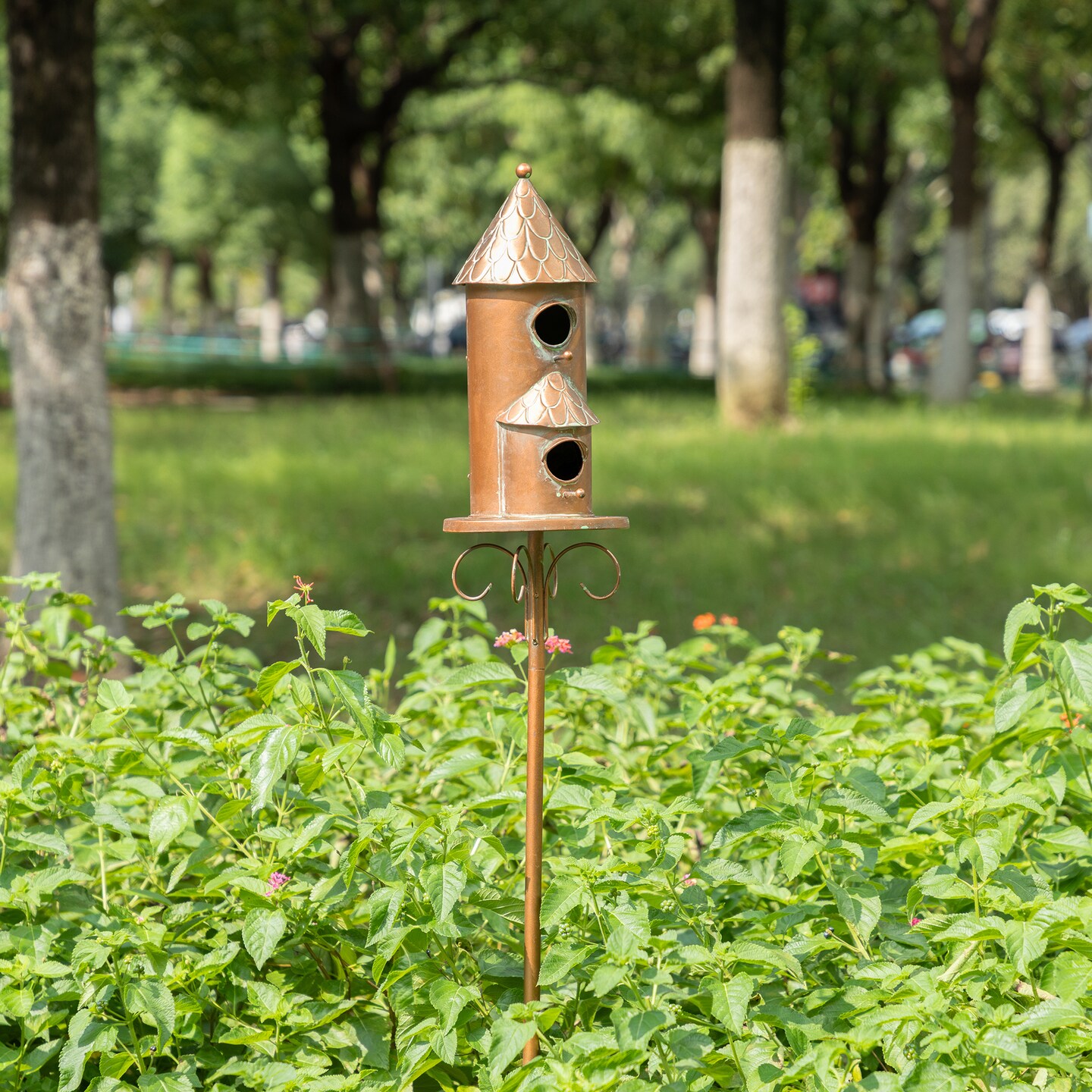 Set of 2 53''H Farmhouse Faux Copper 2-Tiered Distressed Metal Decorative Garden Birdhouse with Stake