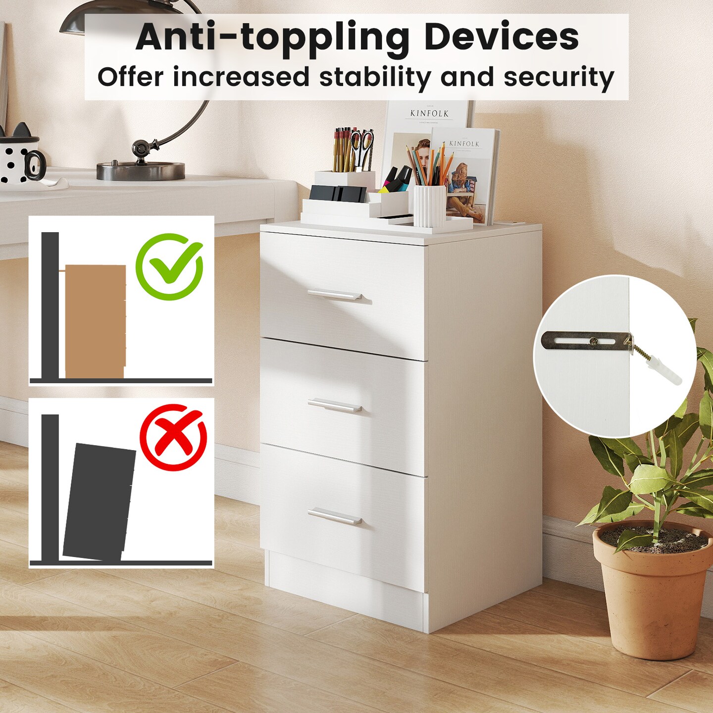 Bedside Table with Charging Station 3 Drawer Storage USB Type C Ports