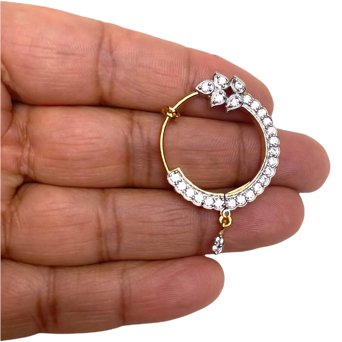 Cz Nose Ring with Rhodium Plating - Leaf Design Nosepin Jewelry for Women Teardrop Indian Nose Rings Hoops Non-Piercing Nose Pin Septum Ring Pressable Silver Bridesmaid Nath Gift for Her