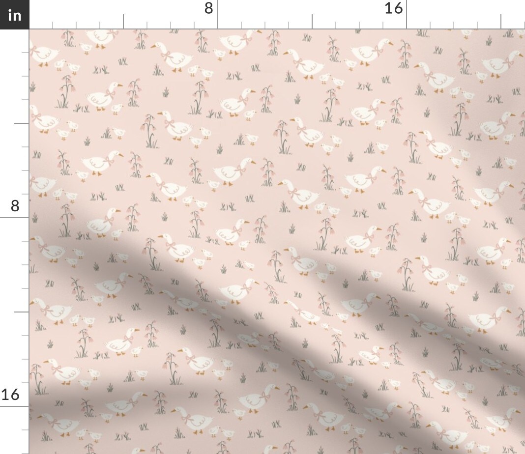 Spring Farmhouse Cottage Ducklings Rustic Cottagecore Goose Country Ducks Small Scale Pink Meadow Garden Floral Botanical Tulips Bow Custom Printed Fabric by Spoonflower Various Fabrics by the Yard or Fat Quarter