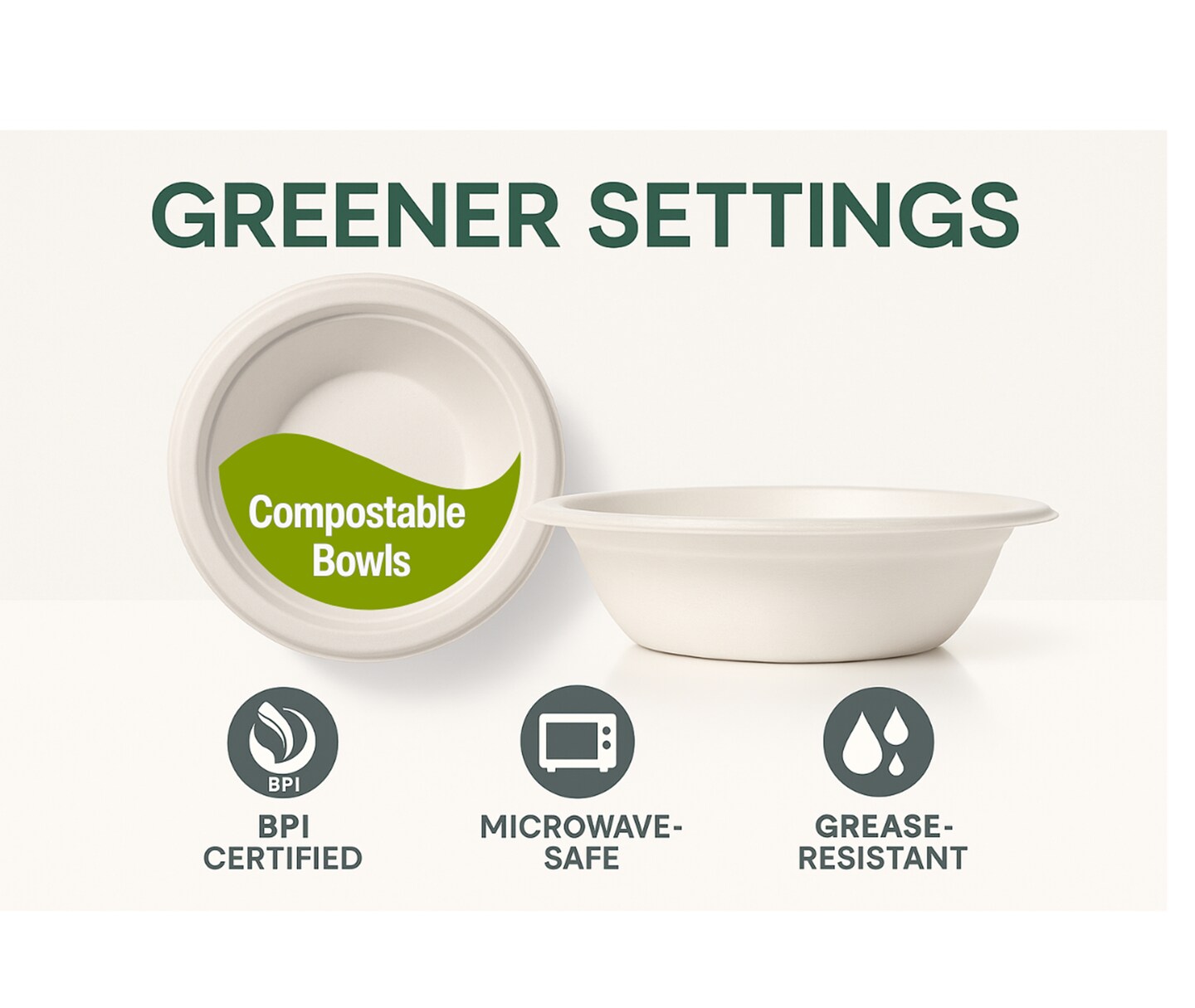 Greener Settings 125-Pack 12 oz Compostable Paper Bowls – Heavy-Duty Sugarcane Bagasse, Biodegradable, Microwavable, Freezer Safe, Leak-Resistant, Cut-Resistant Eco-Friendly Bowls for Soup, Cereal, and Snacks