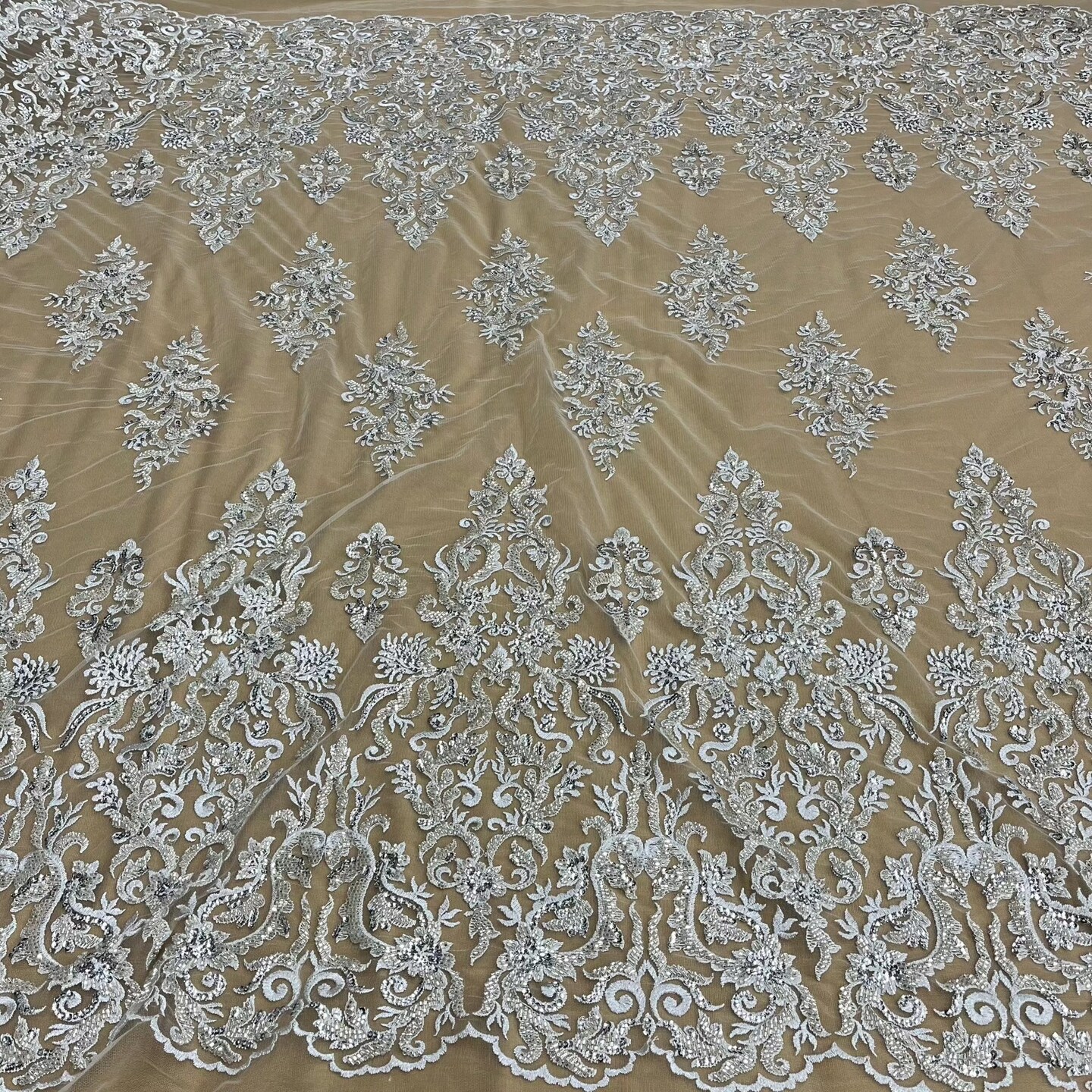 1 Yard Silver Beaded & Sequined Lace Fabric Embroidered on 100% Polyester Net Mesh 52 Inch Width