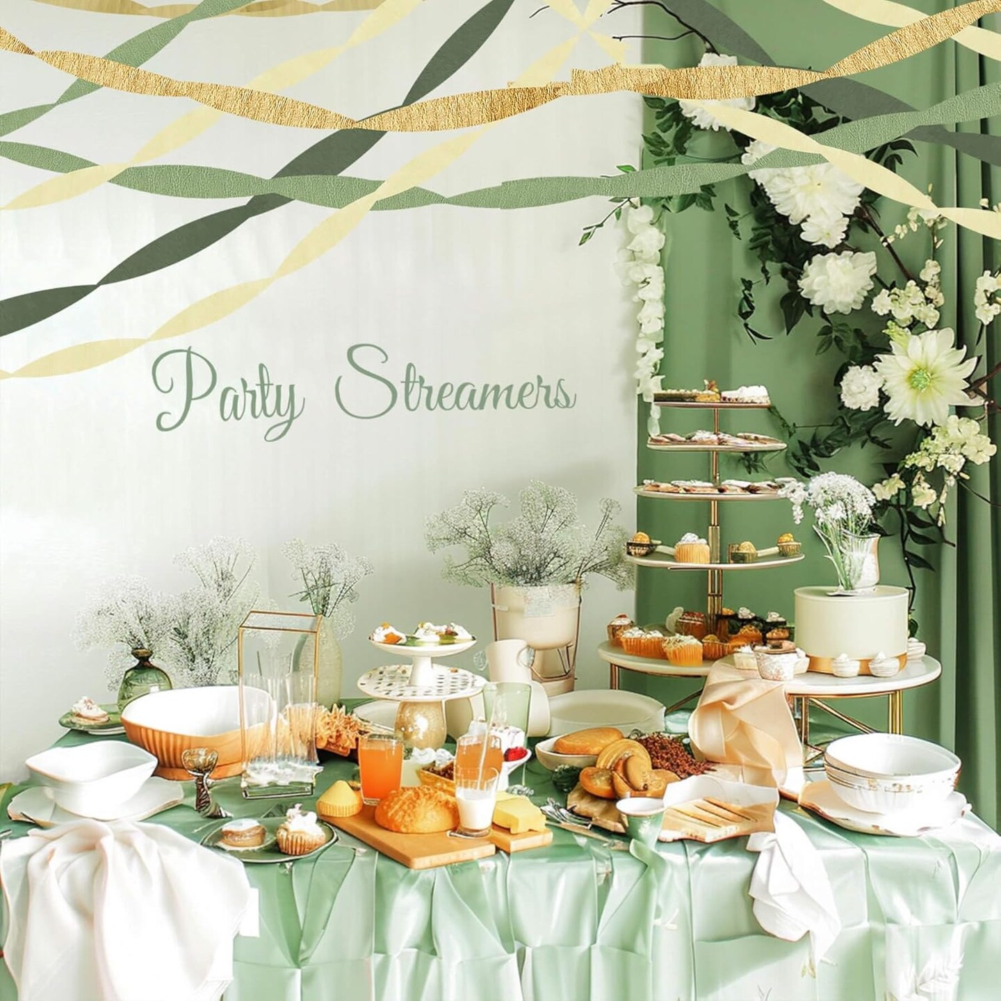 Sage Green Gold Crepe Paper Streamers Party Decorations(Sage Green & Gold)
