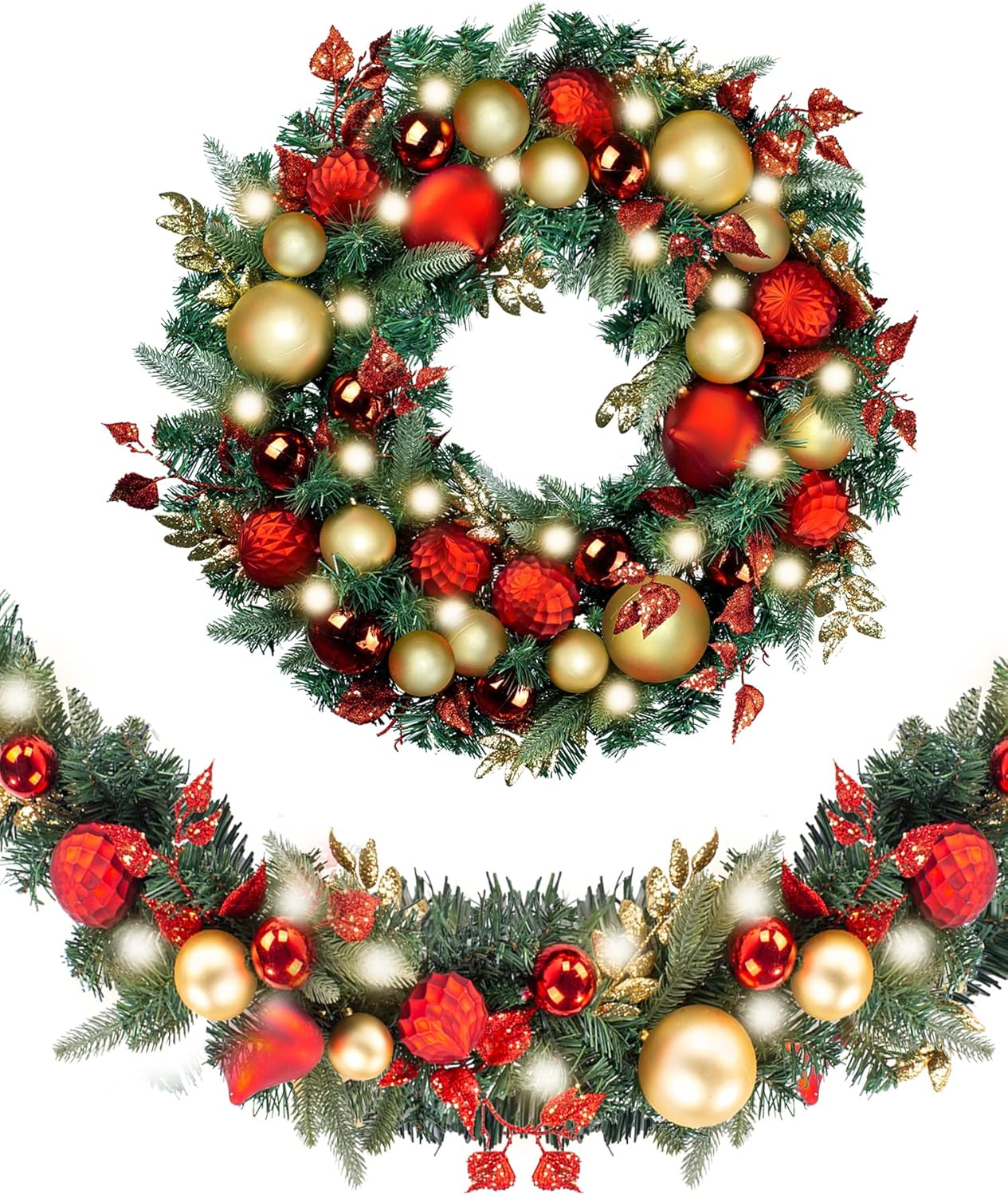 9 Feet Pre-Lit Christmas Garland with Lights & Balls - 50 LED (Red Gold)