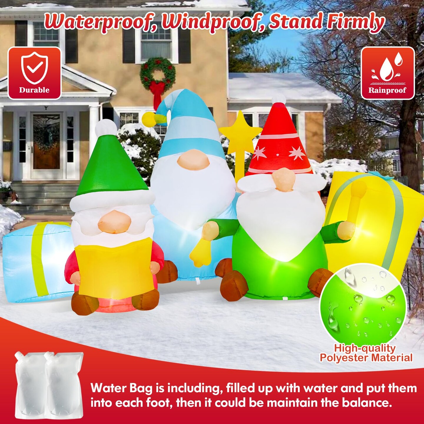6 FT Long Christmas Inflatables 3 Gnomes Reading The Bible and Ringing The Bell Outdoor Decorations, Build in LEDs Inflatable Christmas Gnome Blow Up Yard D&#xE9;cor Holiday Xmas Indoor Patio Lawn