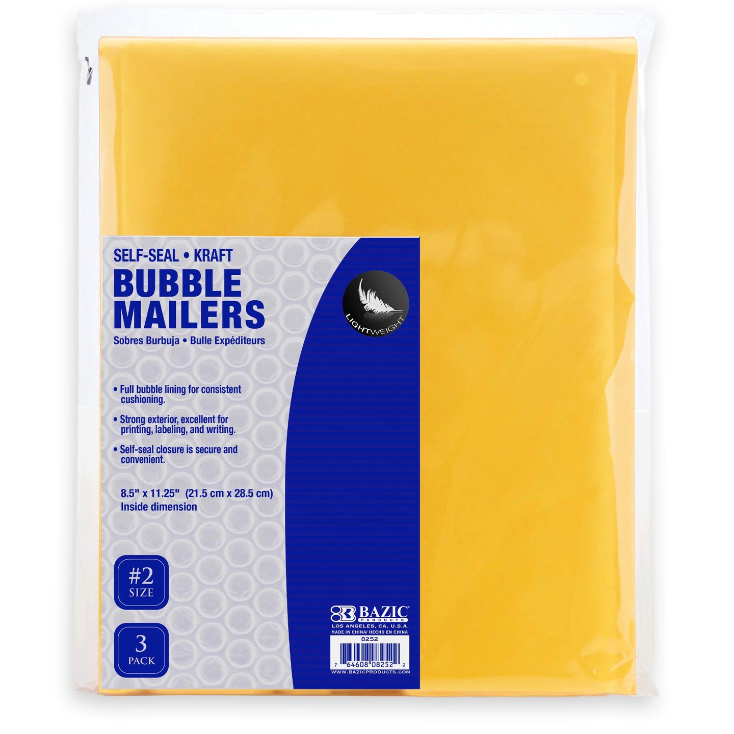 BAZIC Self-Seal Bubble Mailers (#2) 8.5&#x22; x 11.25&#x22; (3/Pack)