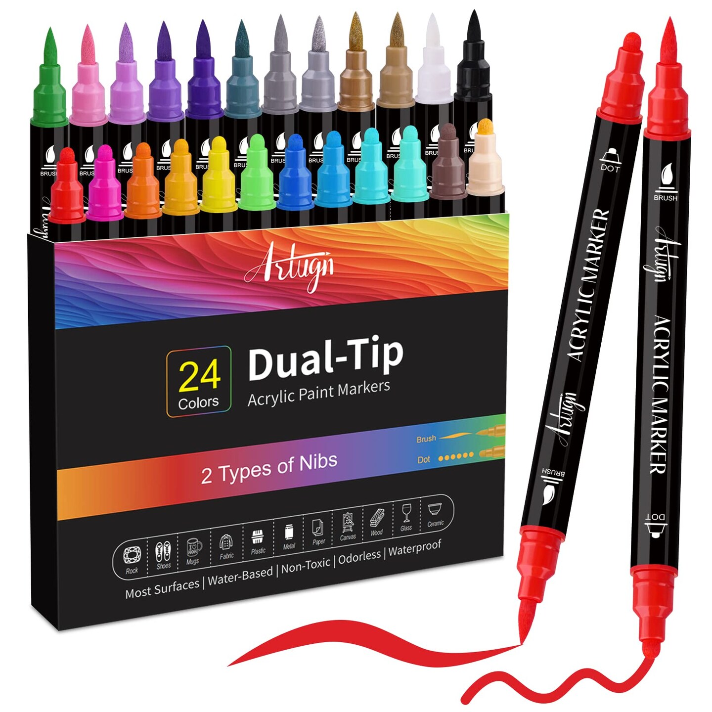 24 Colors Acrylic Paint Pens, Dual Tip Pens With Medium Tip and Brush Tip for Rock Painting, Ceramic, Wood, Plastic, Calligraphy, Scrapbooking, Brush Lettering, Card Making, DIY Crafts &#x26; Organizer Storage Tote Bag