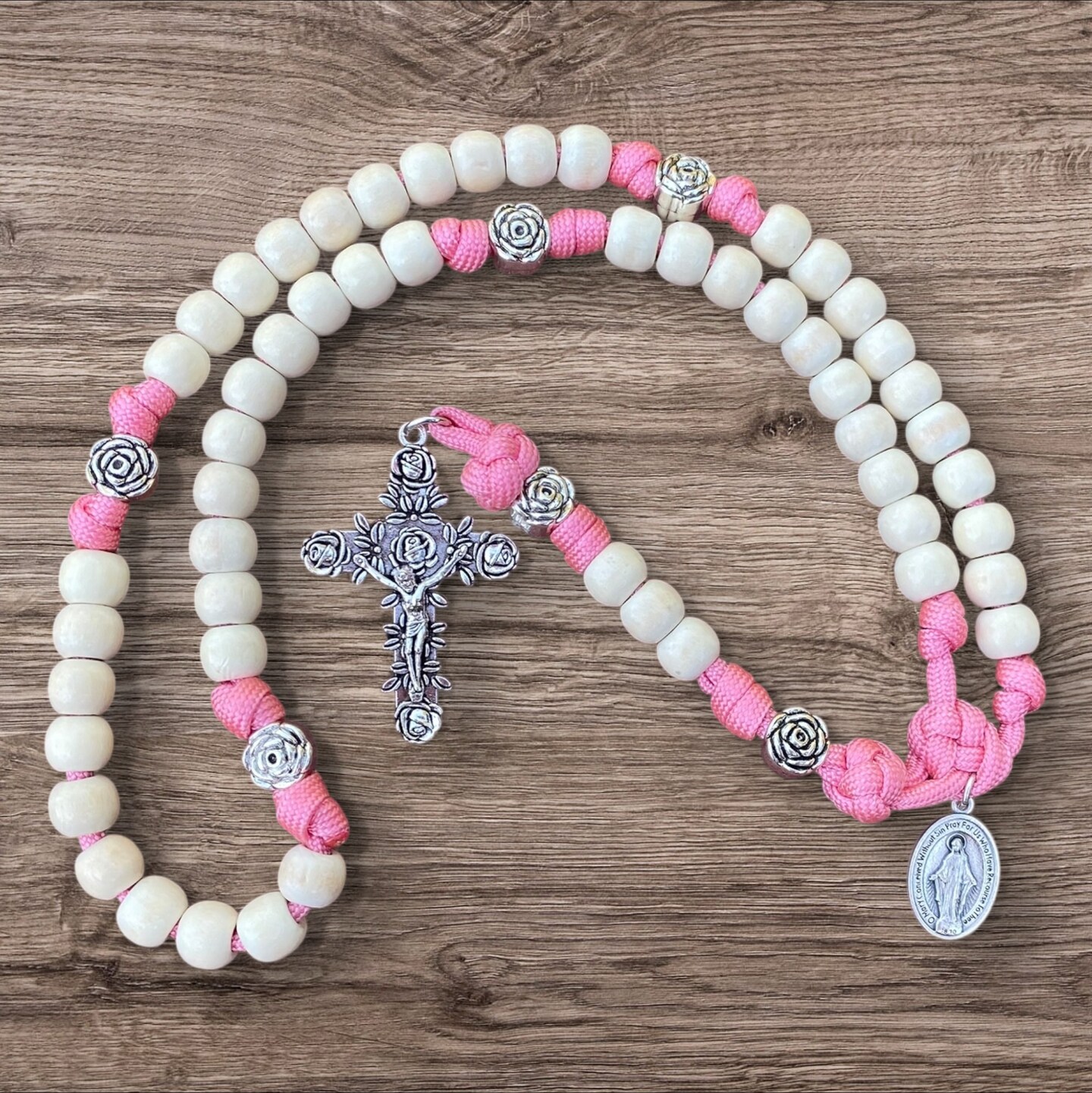 St Therese Paracord Rosary, Rose Crucifix, Pink Paracord Rose