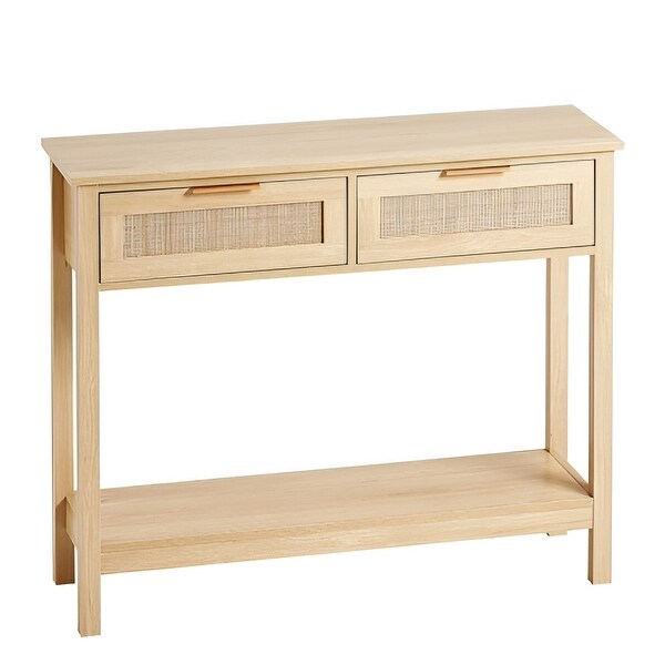 Natural Rattan Entryway Table with 2 Drawers, Storage Console