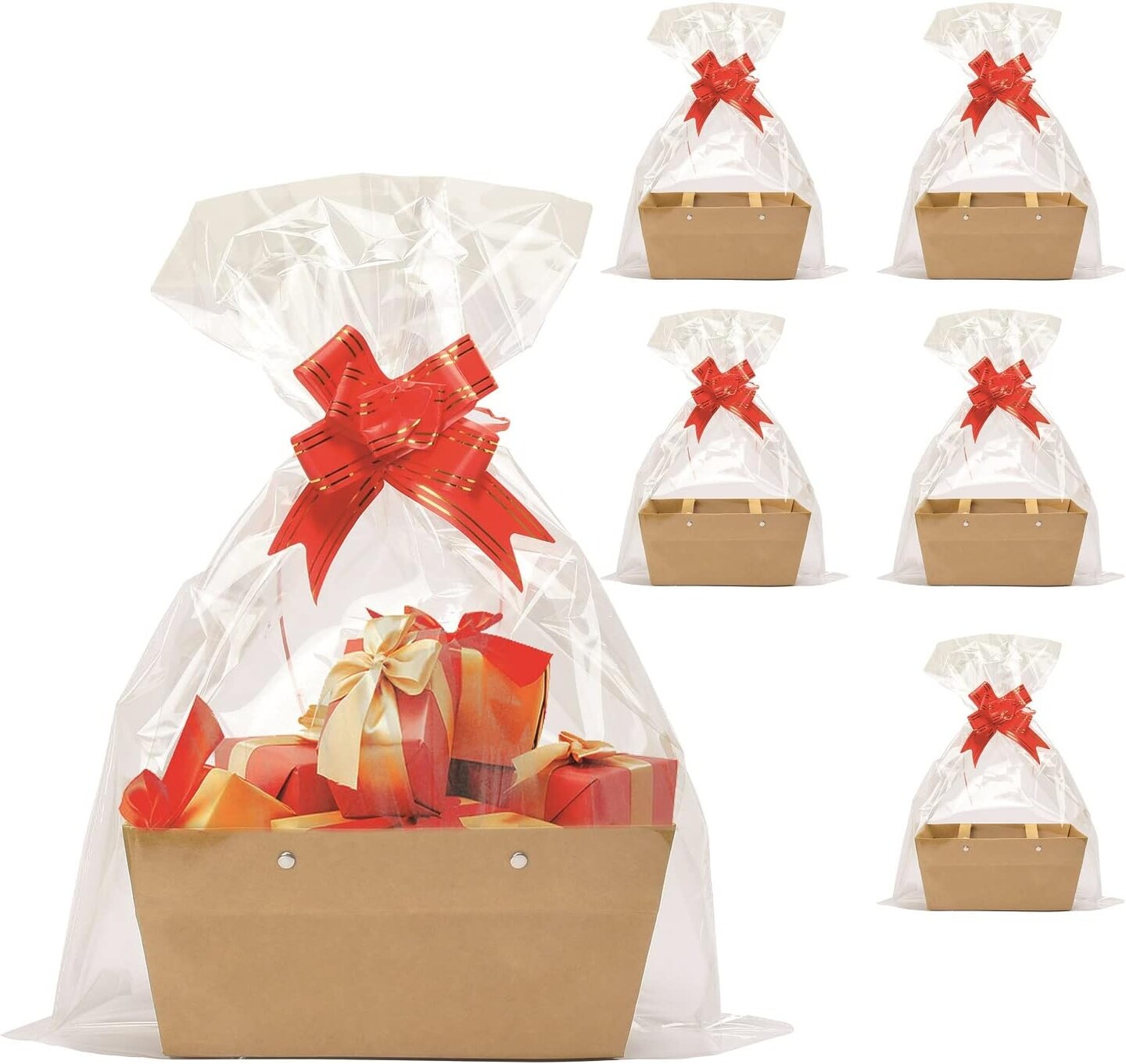 Baskets For Gifts Empty, Kraft Basket With Handles Gift Basket Kit With 5 Baskets, 5 Shrink Wrap Bags and 5 Bows, Gift Basket Empty To Fill Bulk For Wedding Birthday Party Christmas Valentines Holiday