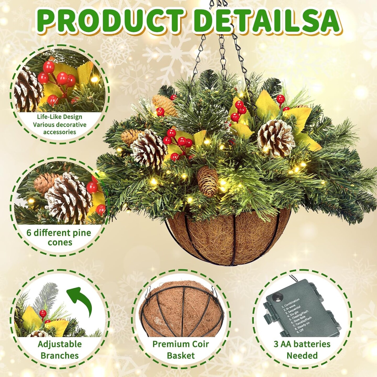 Artificial Christmas Hanging Basket, Decorated with Frosted Pine Cones, Berry Clusters, 30 LED Warm Lights,Christmas Outdoor Decorations for Front Porch Garden Yard Xmas Decor,20 Inches