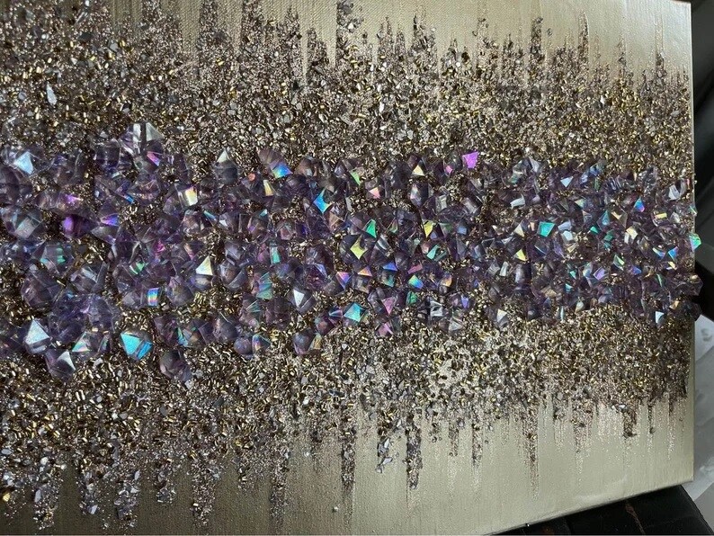 product name is Lilac Aura Gemmed Painting, Glass Wall Art, Glitter Wall Art, Purple Painting, Acrylic, Abstract, Boho Decor, lilac Gold decor, Purple Decor