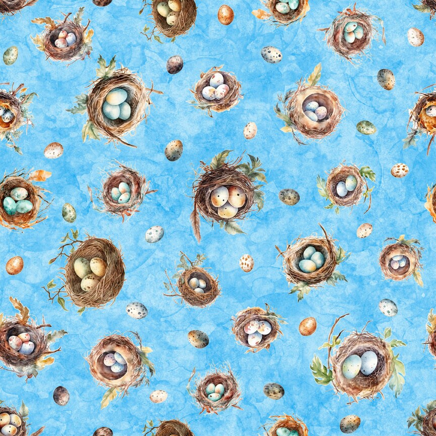 Quilting Treasures Easter Birdsong Bird Nests and Eggs on Blue