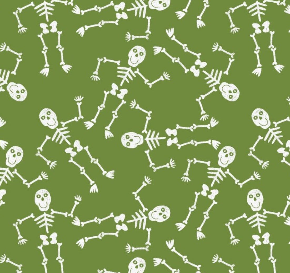 3 Wishes Fabric Halloween Skeletons on Green 100% Cotton Price per Yard
