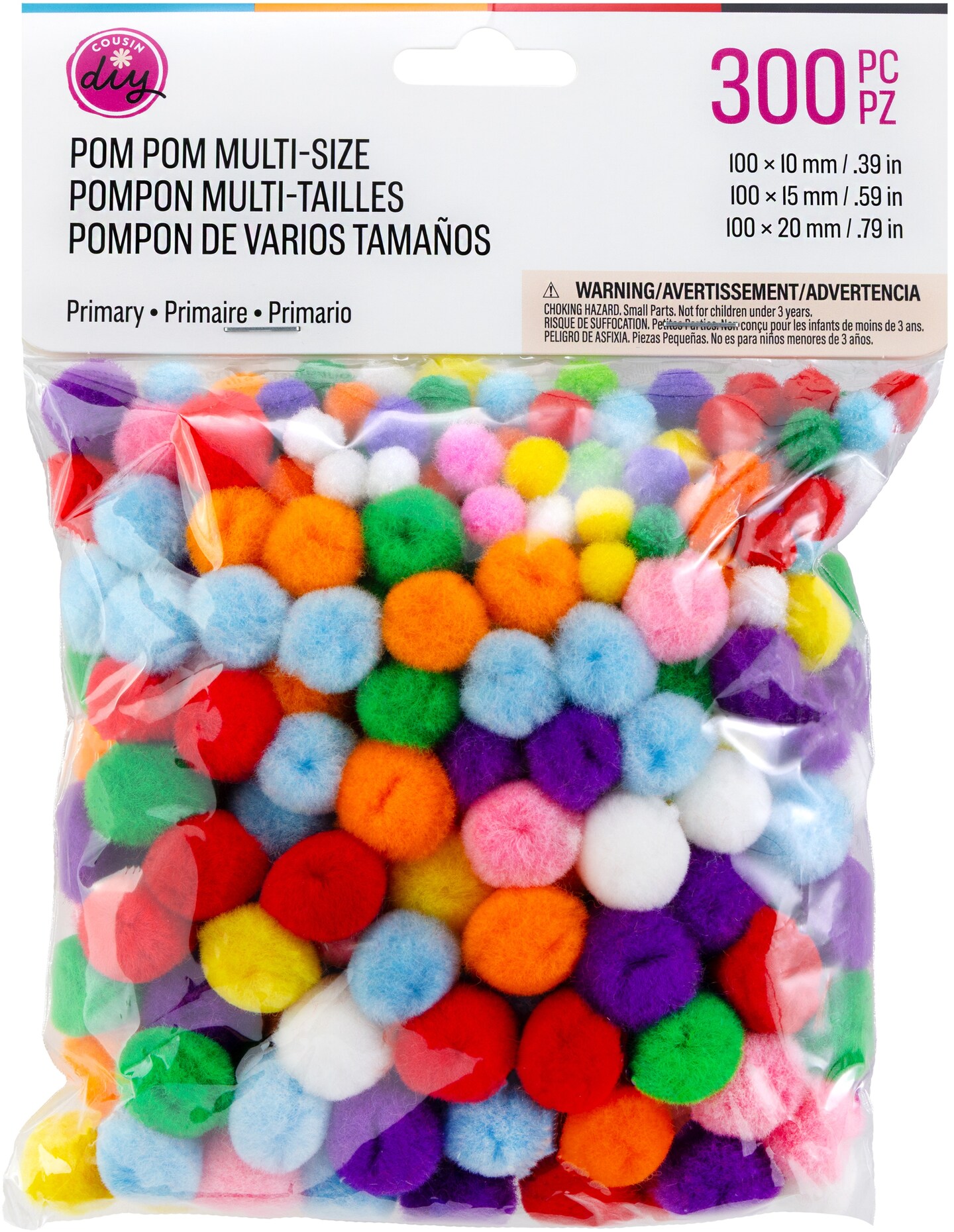 CousinDIY Pom Poms for Crafts, 300 Pieces - Assorted Size Multicolor Craft Pom Pom Balls for DIY Designs and Creative Projects - Primary
