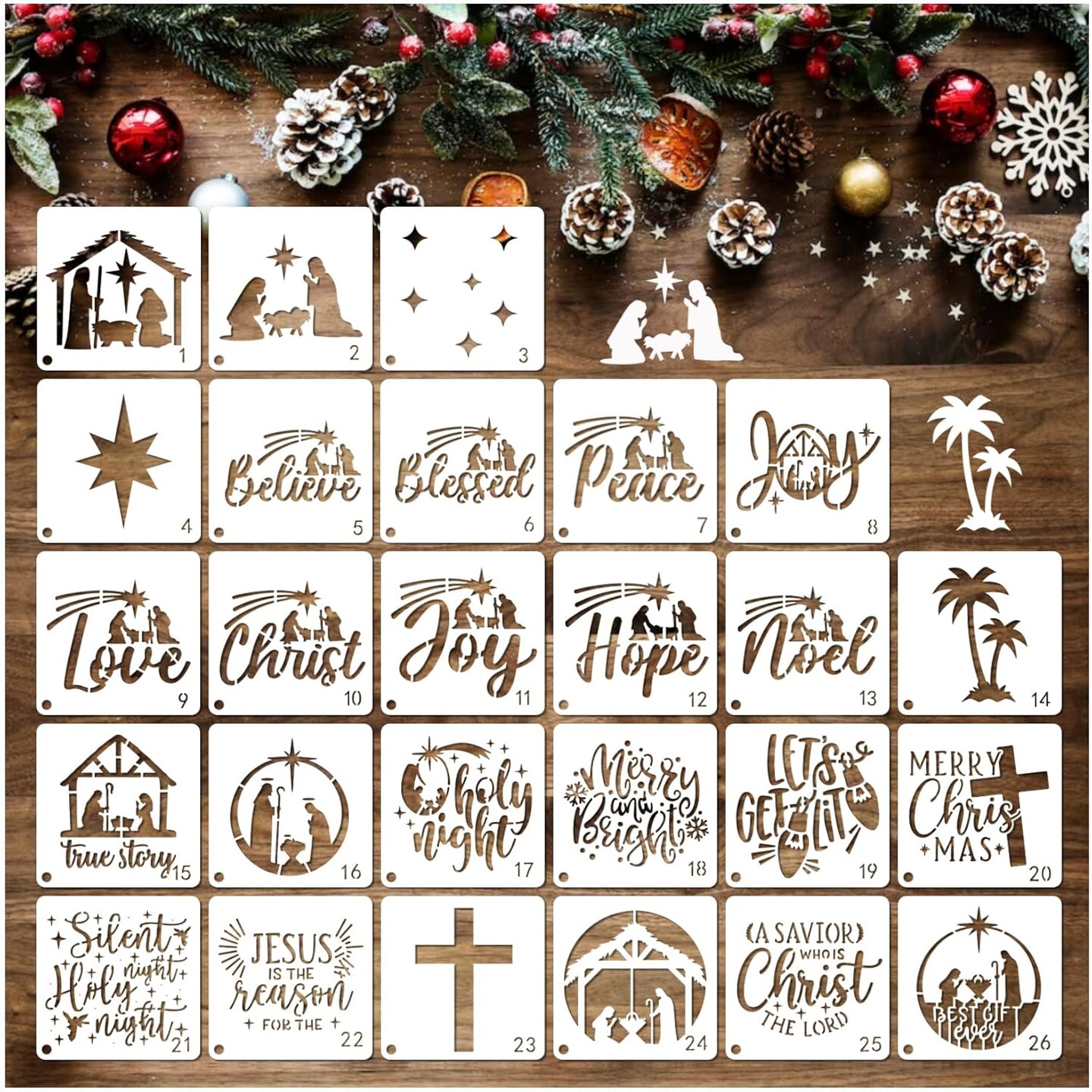 Christmas Stencil Christian Reusable Drawing Bible Stencils(26 Christams 3in)3&#x22;L x 3&#x22;W