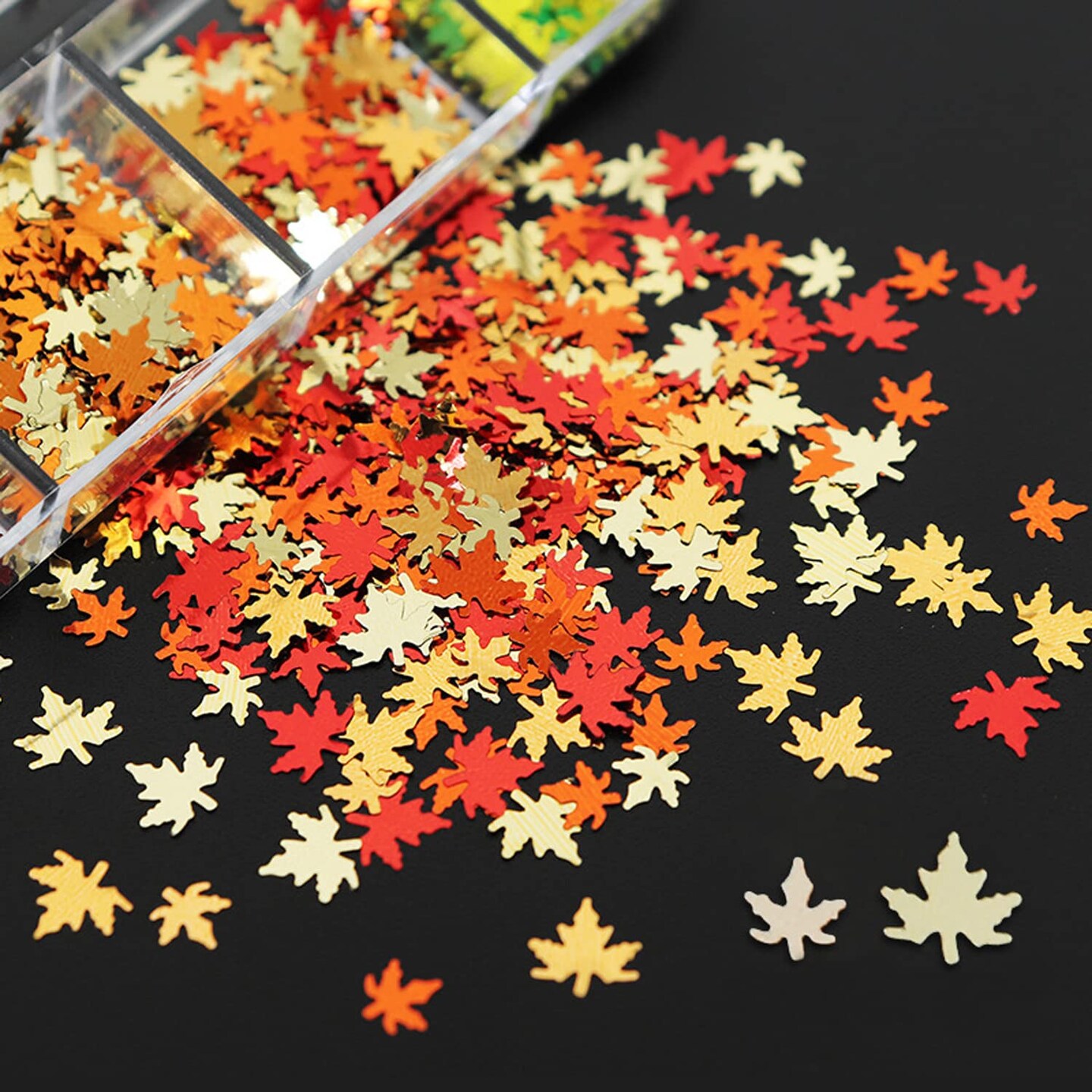 12 Grids Fall Maple Leaf Nail Art Glitter Sequins 3D Holographic(Gold, Red, Orange, Green, Yellow) 5.04 x 2.05 x 0.47 inches