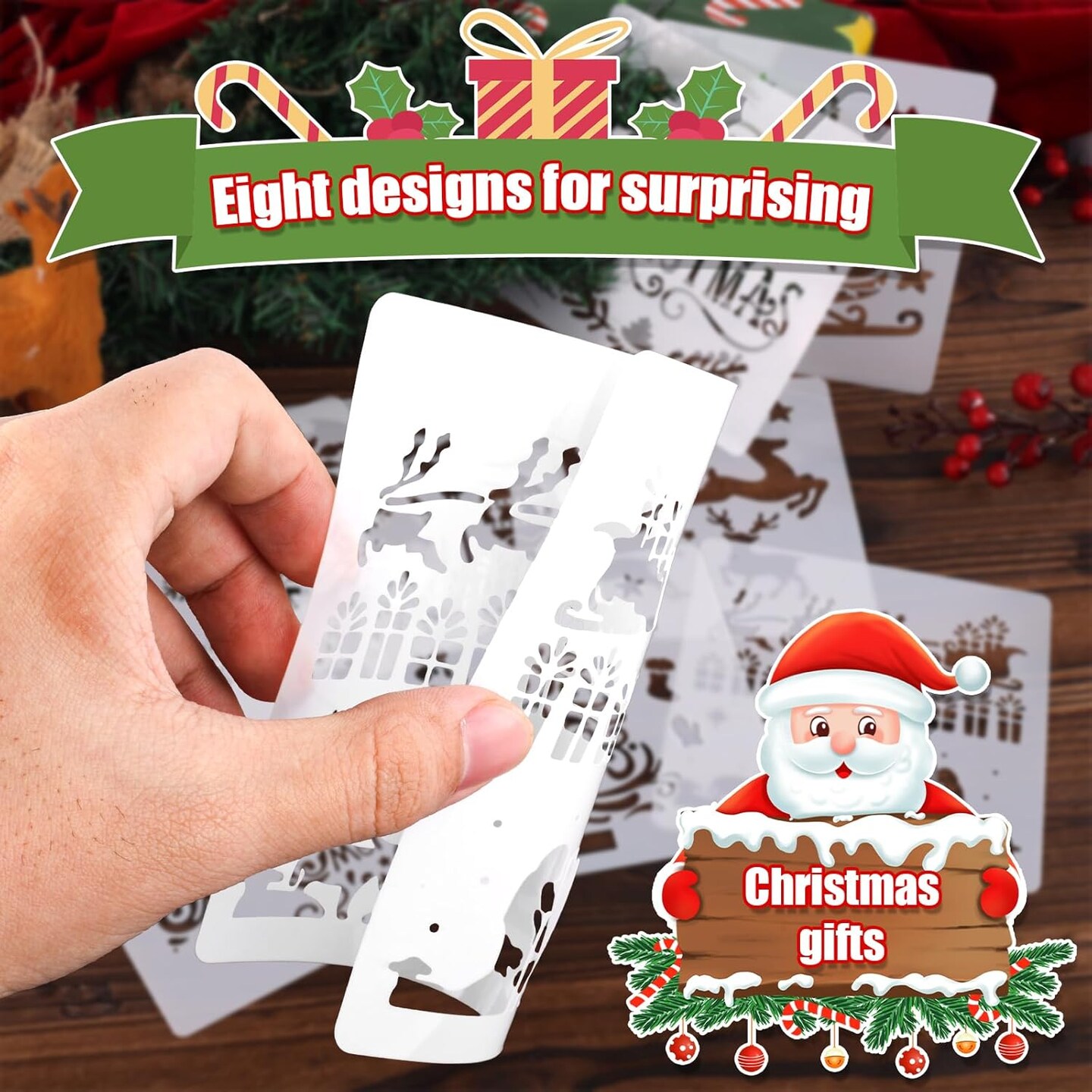 8pcs Christmas Stencils, 5.16x5.08in 8 Designs Christmas Stencils(Classic)5.16"L x 5.08"W