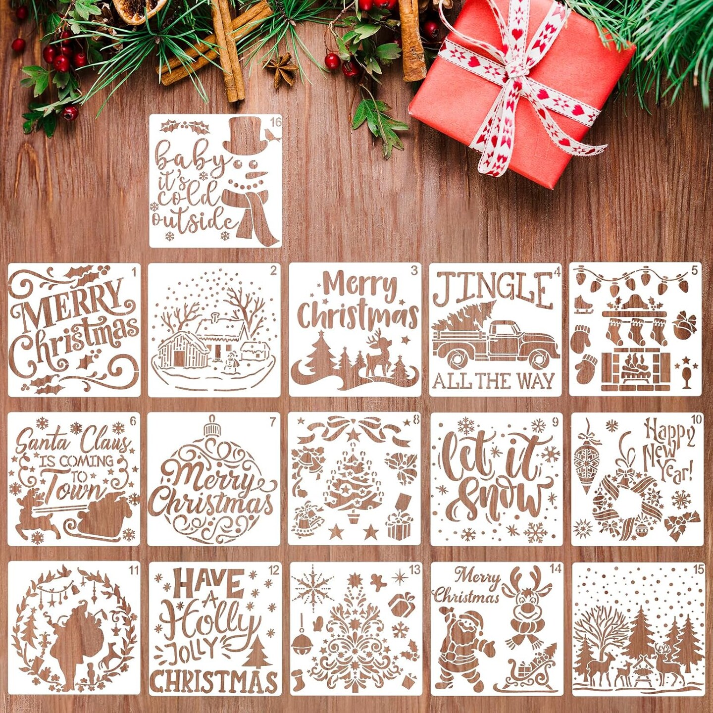 16Pcs Christmas Stencils for Painting on Wood(6&#x22;L x 6&#x22;W)