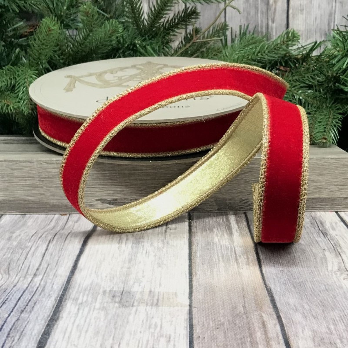 1" X 10yds Red Velvet Ribbon with Gold Backing & Wired Edges – Luxury Christmas & Holiday Décor