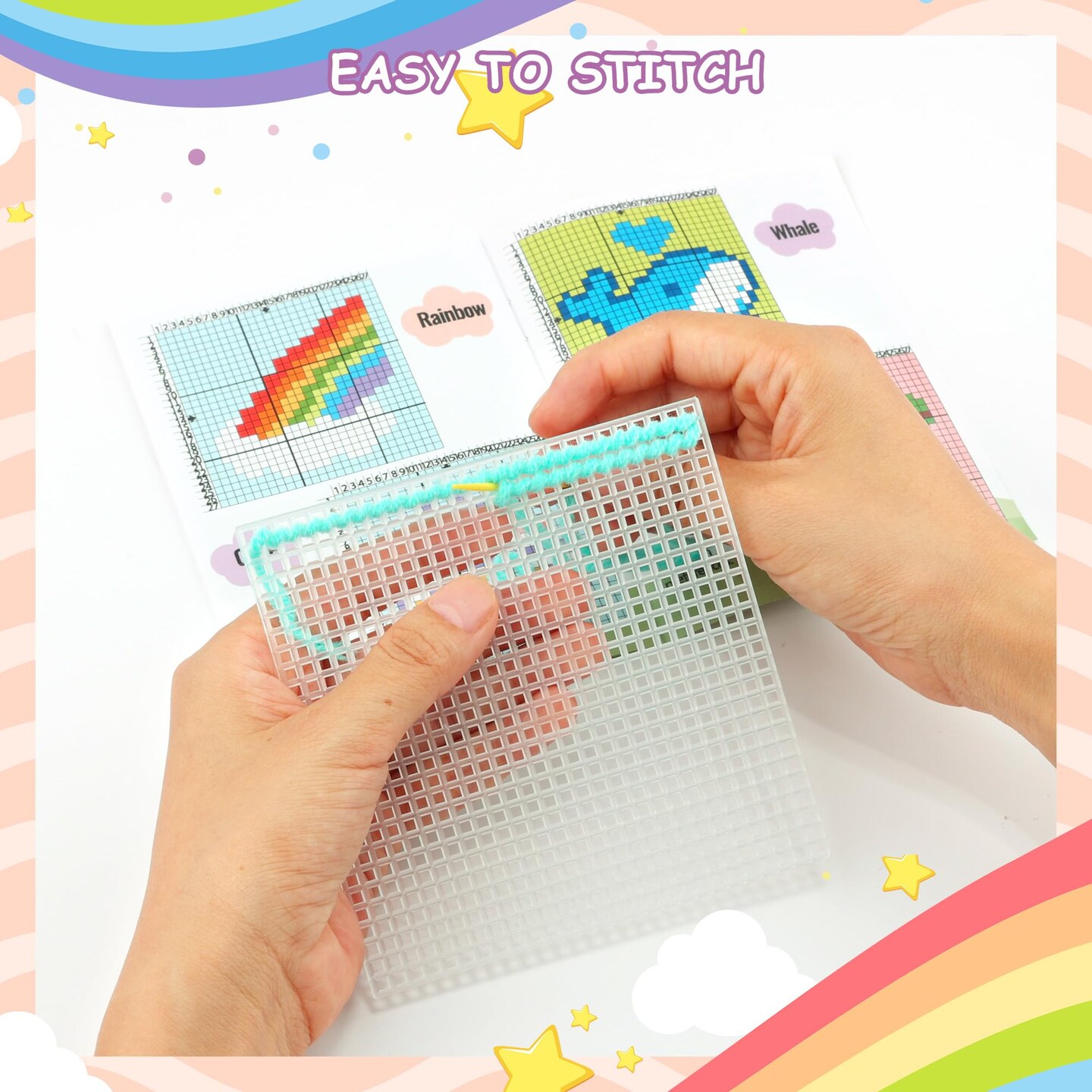 Pllieay Cross Stitch Kits for Beginners 12in1 Cross Stitch Kits for Kids Embroidery Kit Includes 12pcs Blank Plastic Mesh Canvas, 16 Yarns, 6 Embroidery Needles, Needlepoints Starter Sewing Set