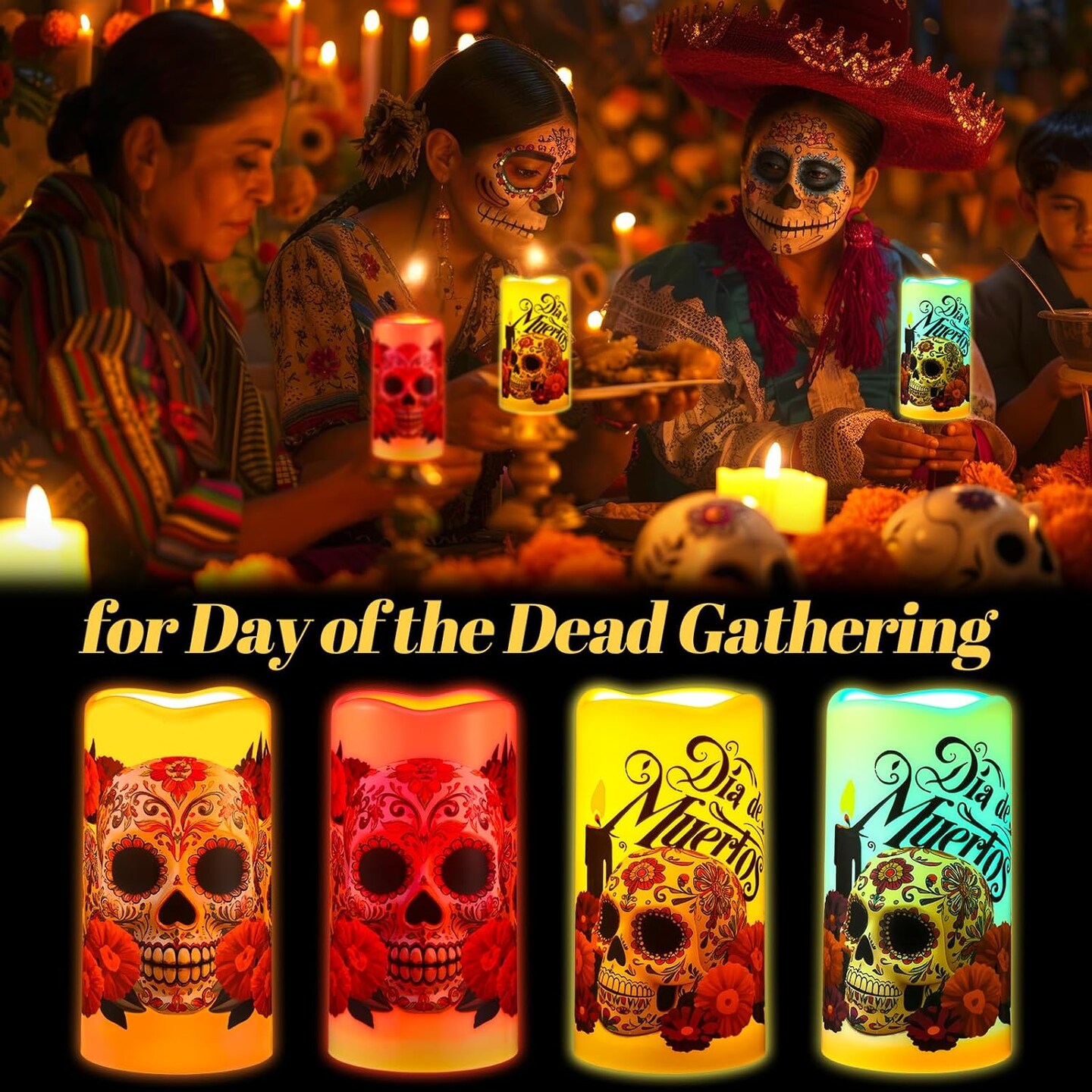 4 Pcs Halloween Day of The Dead Flameless Candles(colorful)6.3"D x 6.3"W x 6.3"H