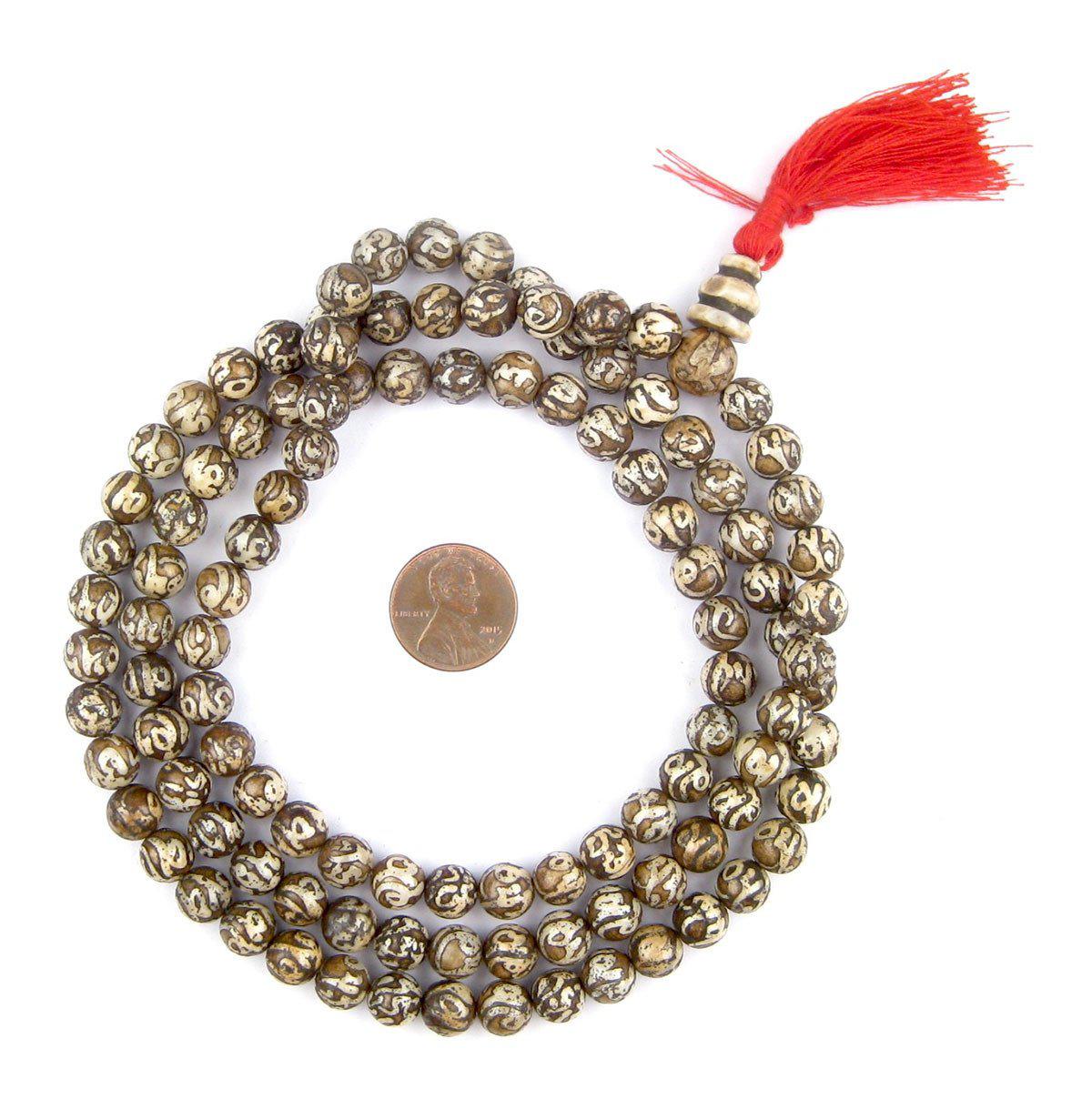 The Bead Chest Patterned Bone Mantra Mala Beads 8mm Nepal Brown Round 36 Inch Strand
