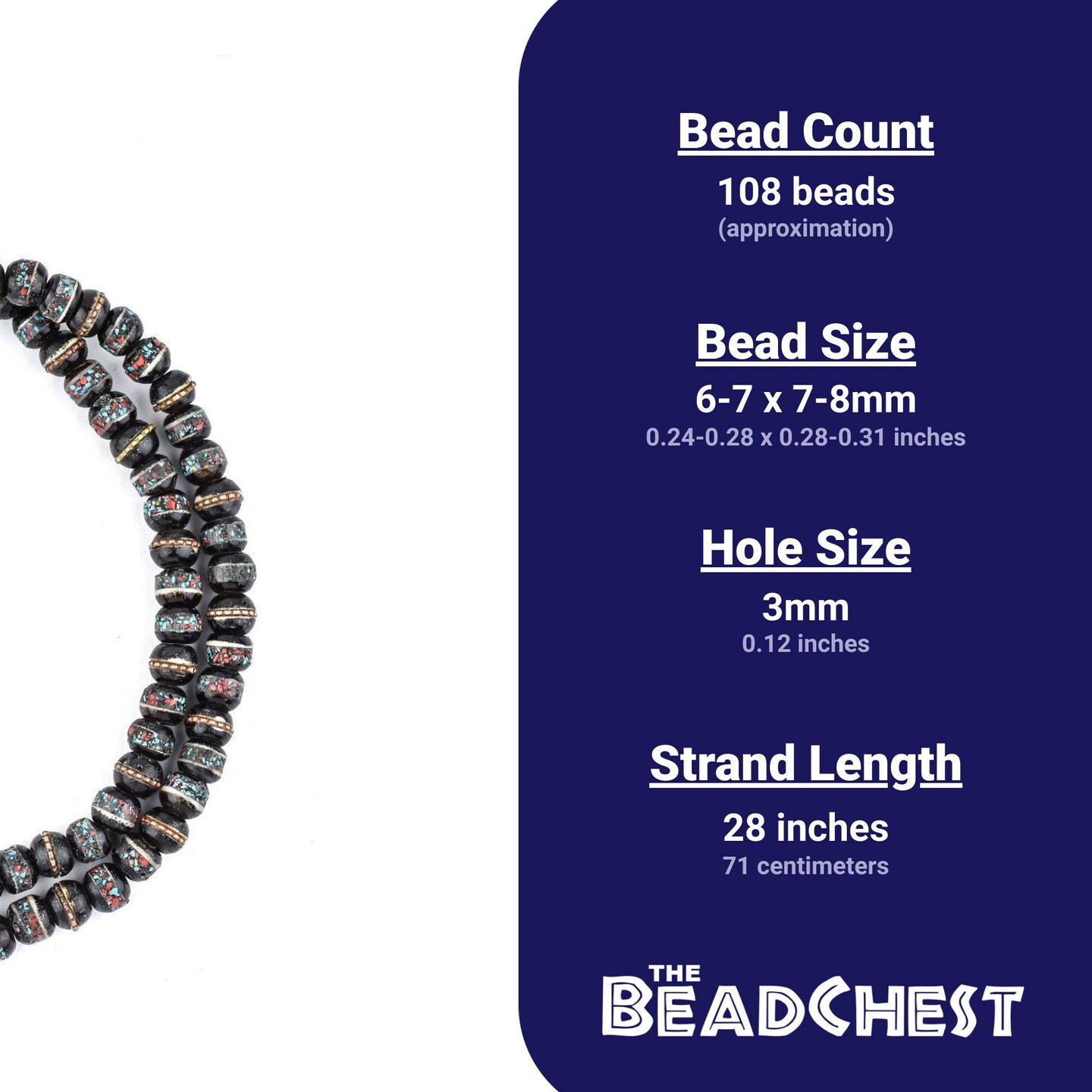 The Bead Chest Black Speckled Inlaid Bone Mala Beads 8mm Nepal Multicolor Round Large Hole 28 Inch Strand