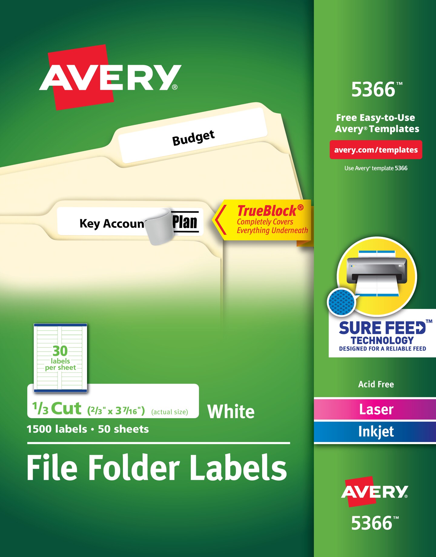 Avery TrueBlock File Folder Labels, 2/3" x 3-7/16", 1,500 Printable Labels, White (5366)