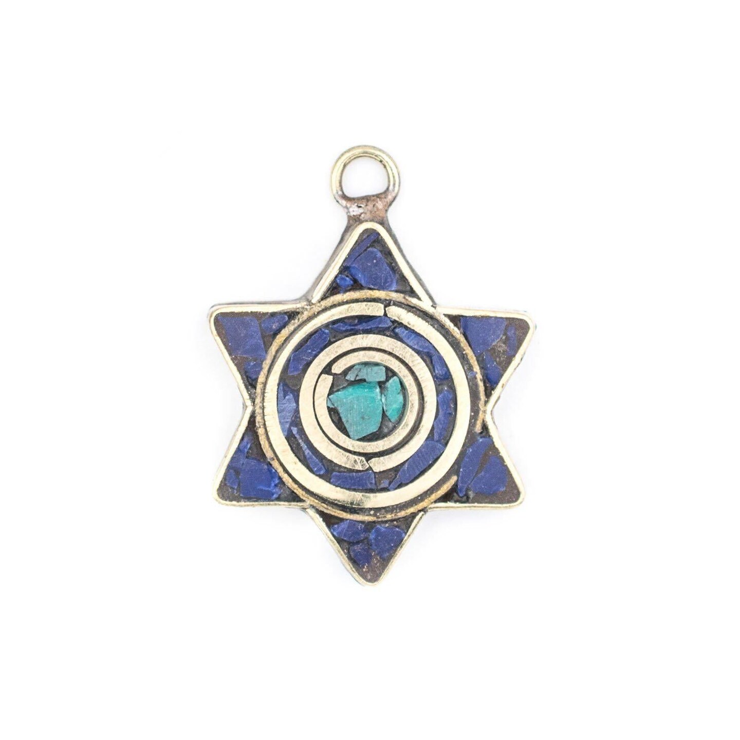 The Bead Chest Nepali Star of David Pendant: Authentic Ethnic Judaica Brass Charm Inlaid with Stone for DIY Necklace and Jewelry (Blue & Turquoise)