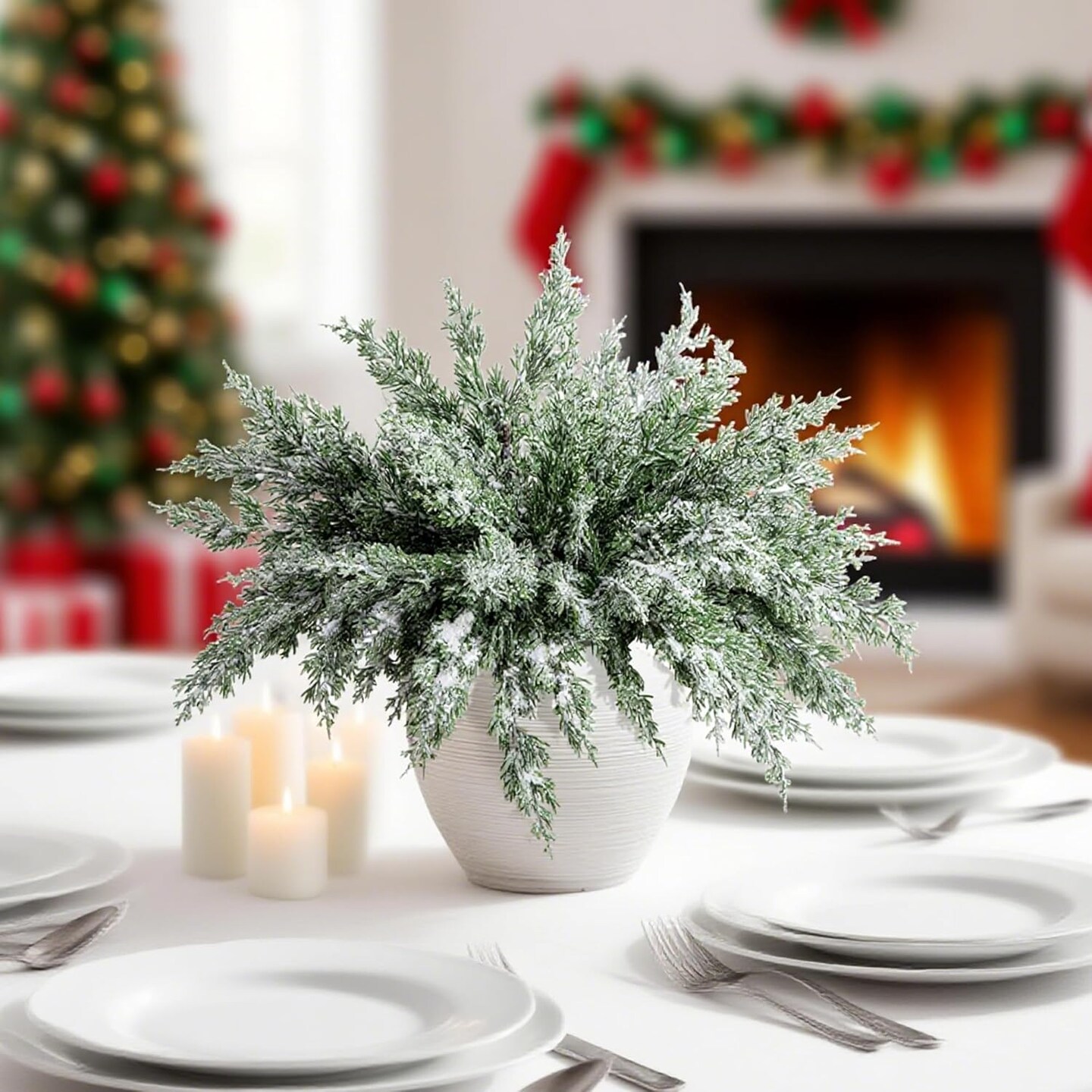 Snow Flocked Faux Greenery Norfolk Pine Sprigs Cypress Stems (Snow Pine Branches) 10"D x 10"W x 16.5"H