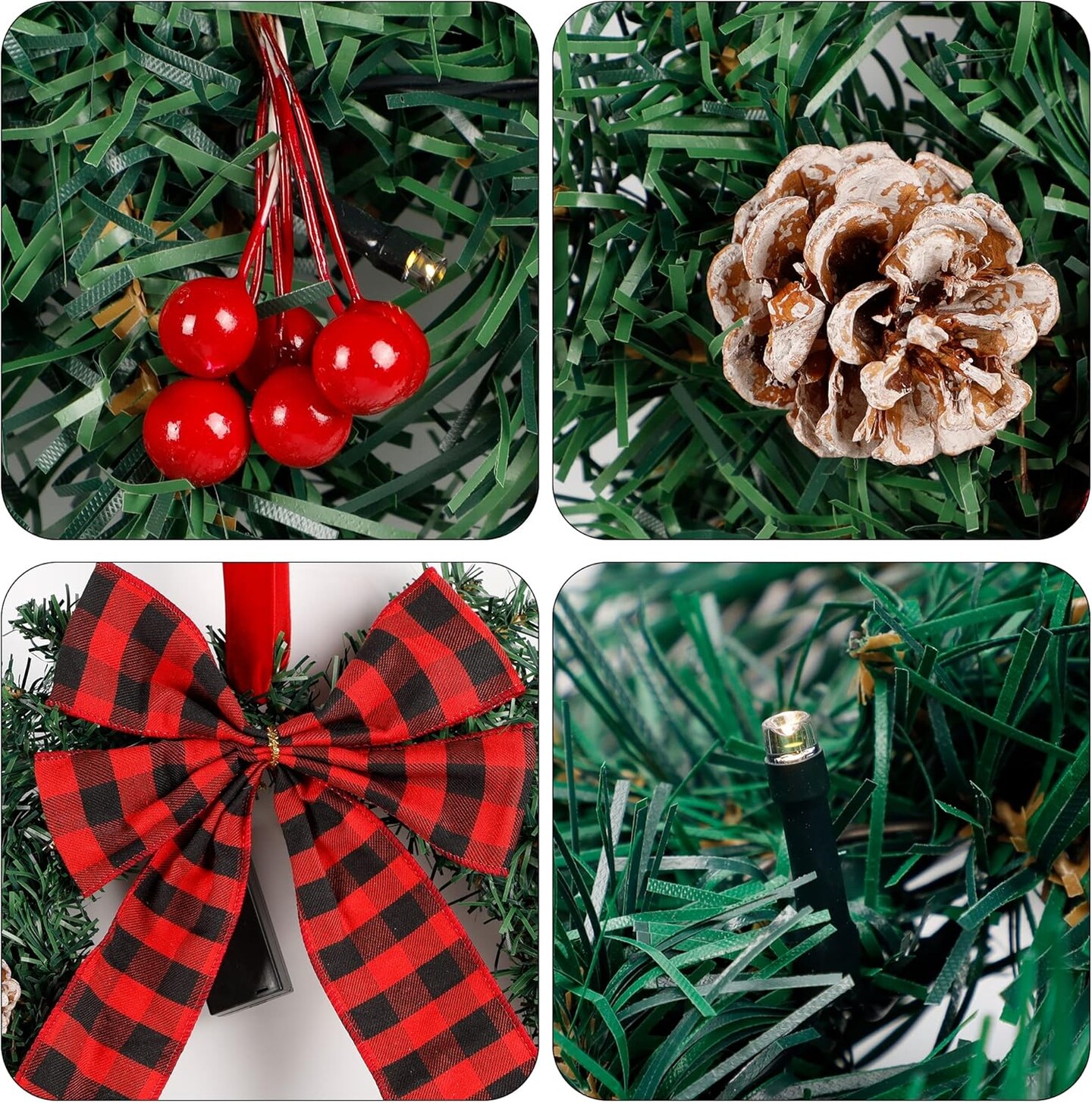 Lighted Christmas Front Door Wreath (Plaid Bow) 1&#x22;D x 13&#x22;W x 13&#x22;H