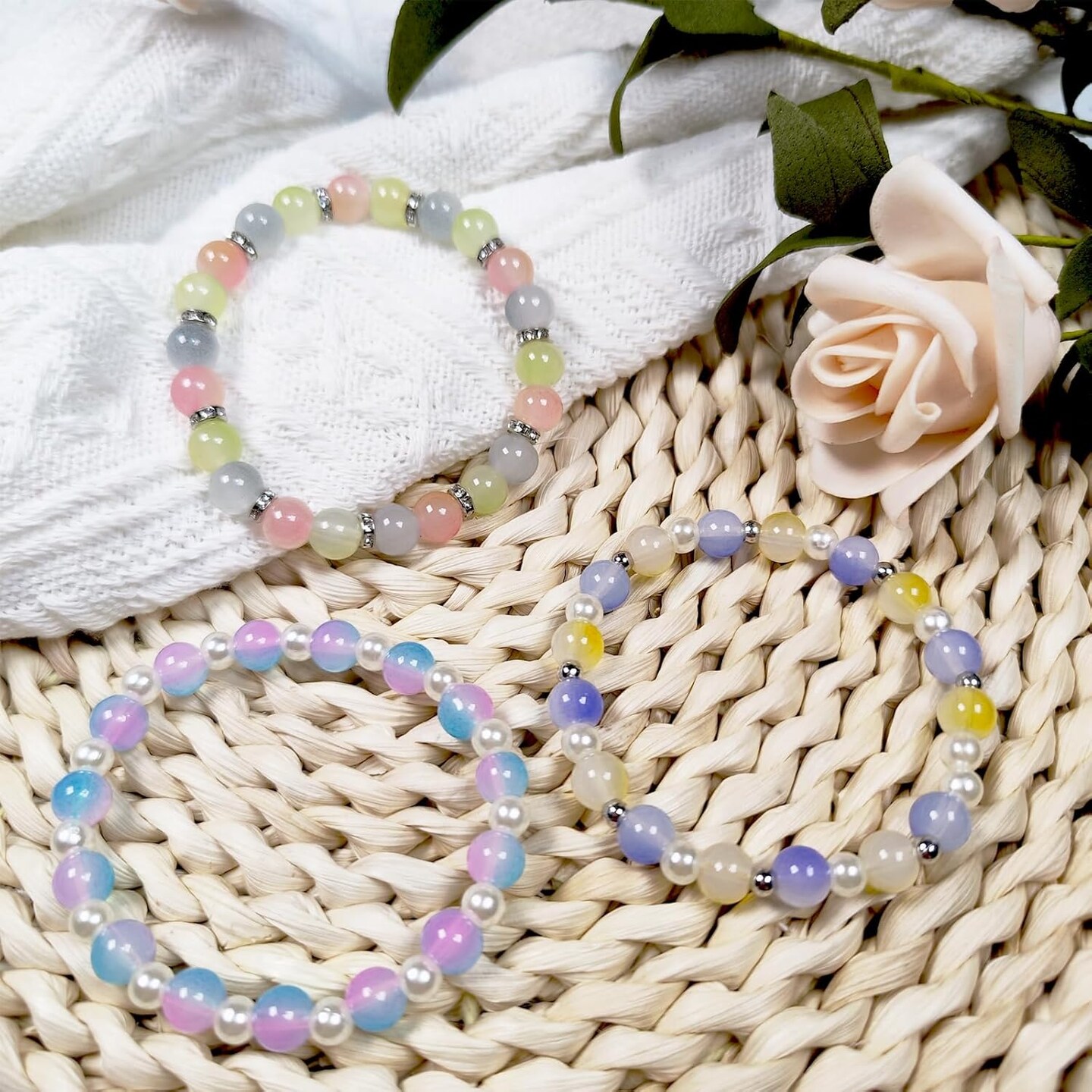 1500 Pcs 8mm Glass Beads Bracelet Making Kit (24 Solid Colors and 24 Mermaid Colors)